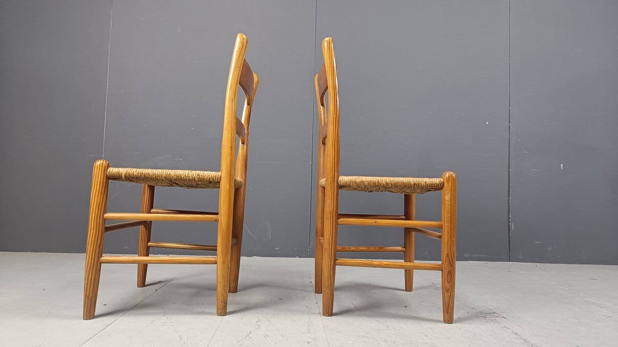 komplet czterech krzeseł jadalnianych, dąb miodowy, wiklina beżowa, Dania, lata 70. - 265253