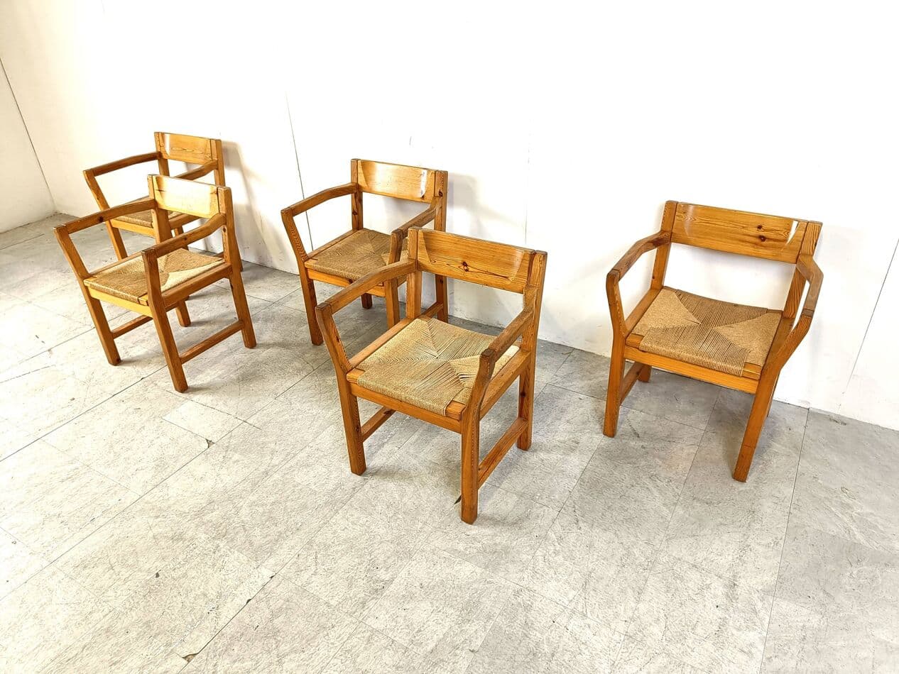 Zestaw krzeseł z podłokietnikami, sosna brązowa, Dania, lata 60. - 265186