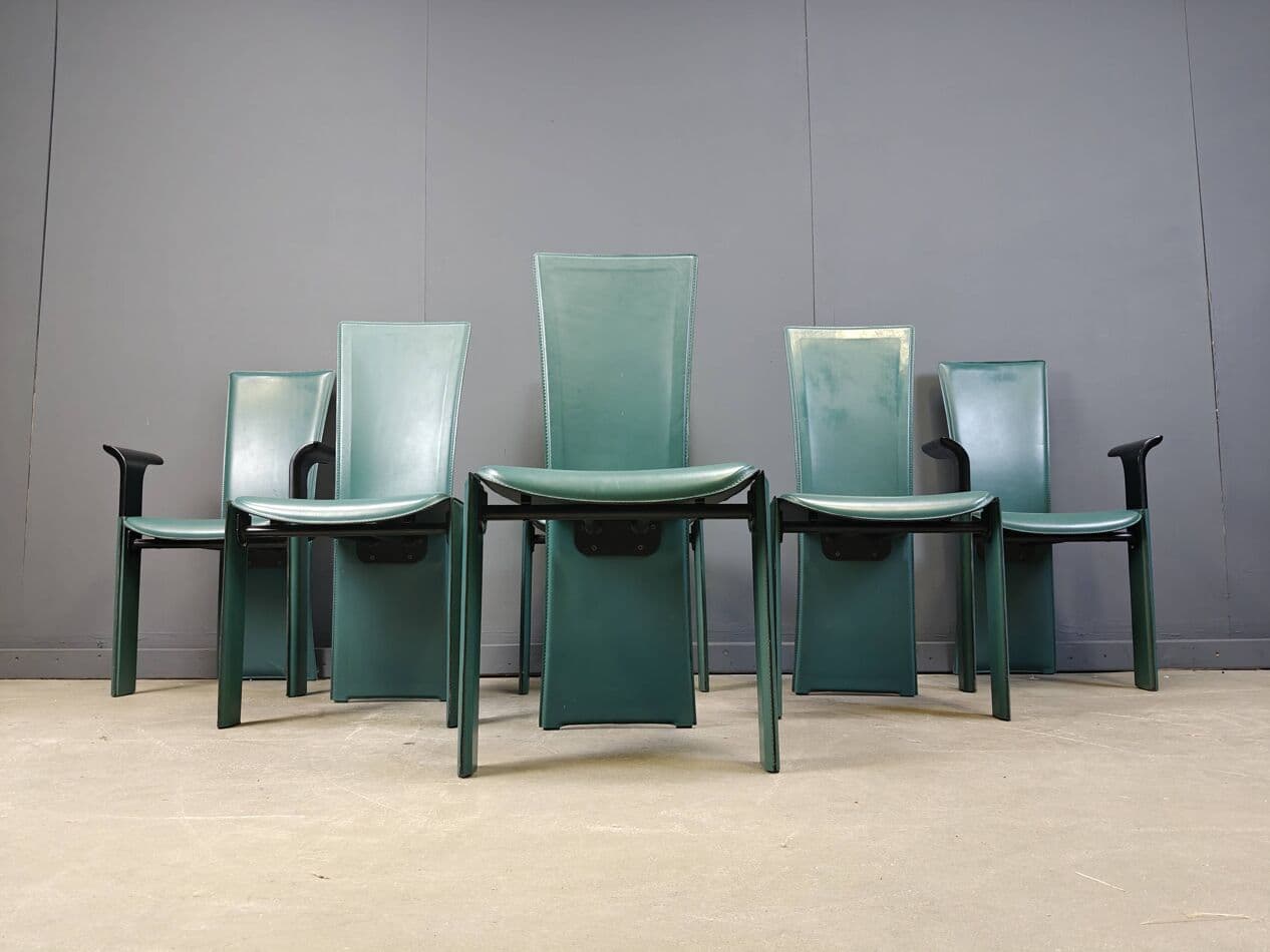 komplet sześciu krzeseł jadalnianych, zielona skóra, proj. P. Costantini, Włochy, lata 80. - 265040
