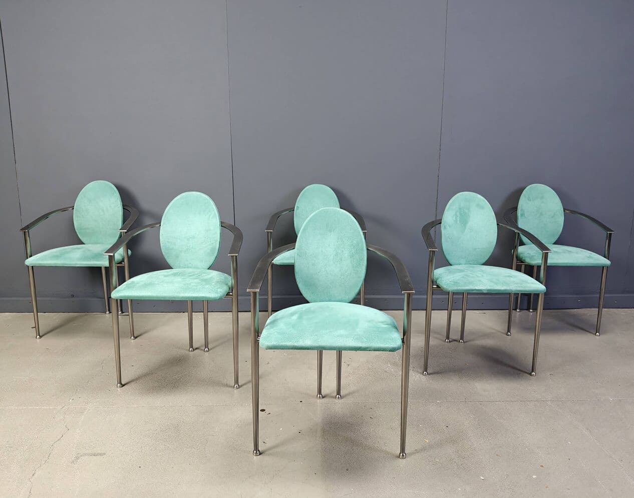zestaw sześciu krzeseł jadalnianych, alcantara zielona, stal szczotkowana, Belgochrom, Belgia, lata 80. - 264922