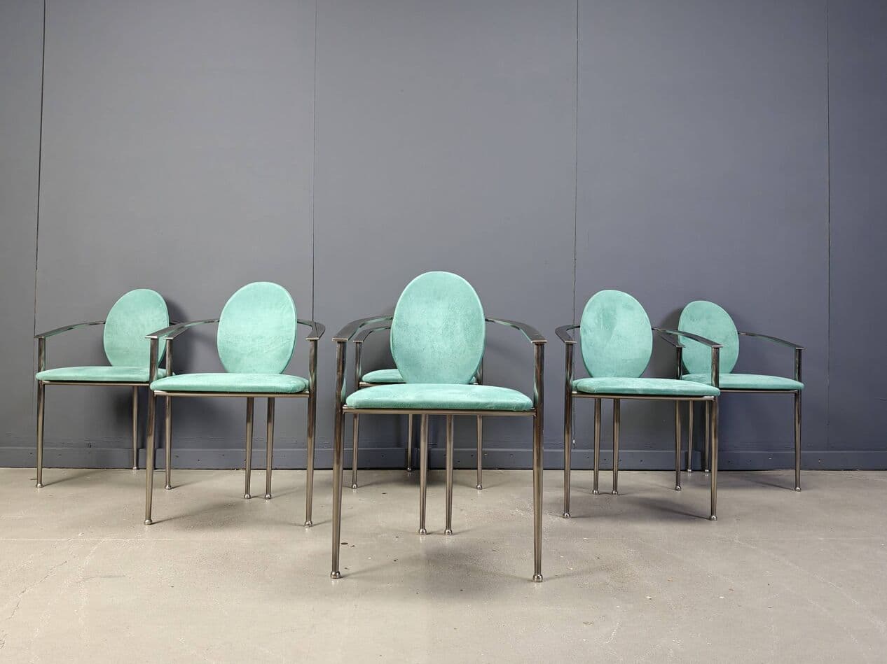 zestaw sześciu krzeseł jadalnianych, alcantara zielona, stal szczotkowana, Belgochrom, Belgia, lata 80. - 264921