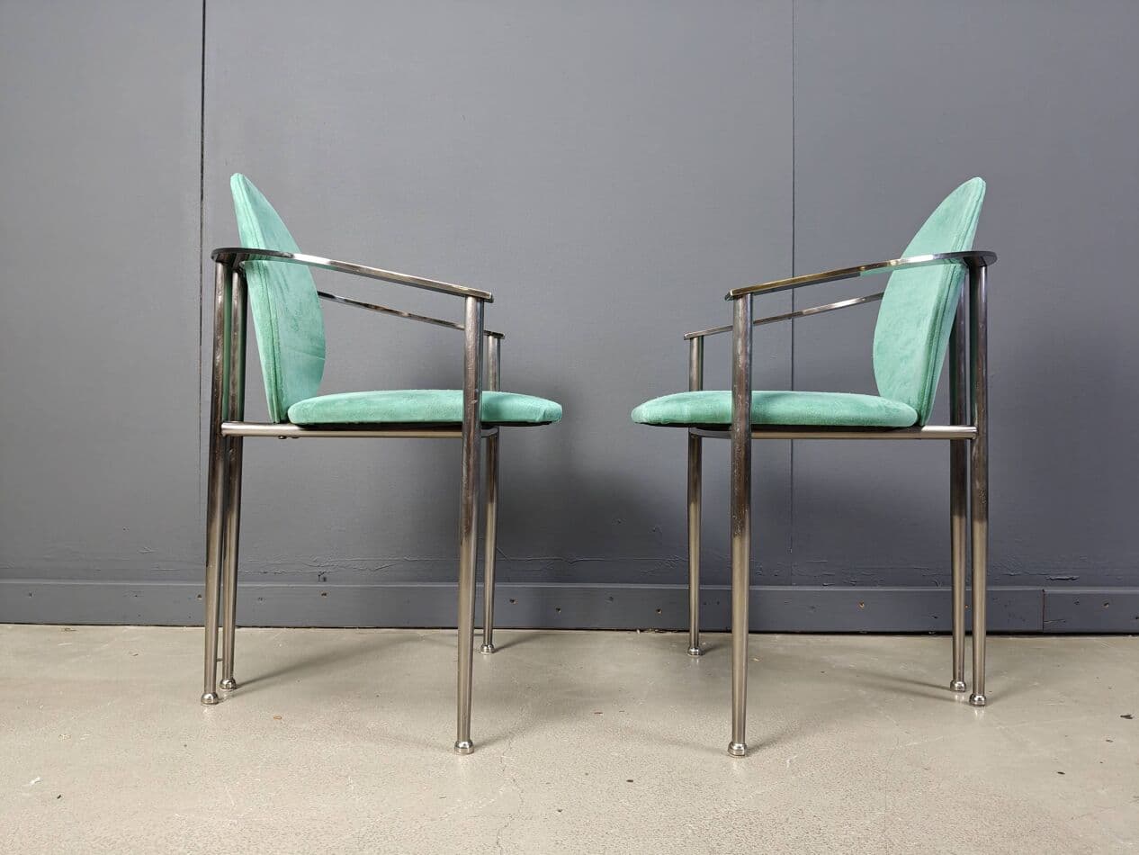 zestaw sześciu krzeseł jadalnianych, alcantara zielona, stal szczotkowana, Belgochrom, Belgia, lata 80. - 264916