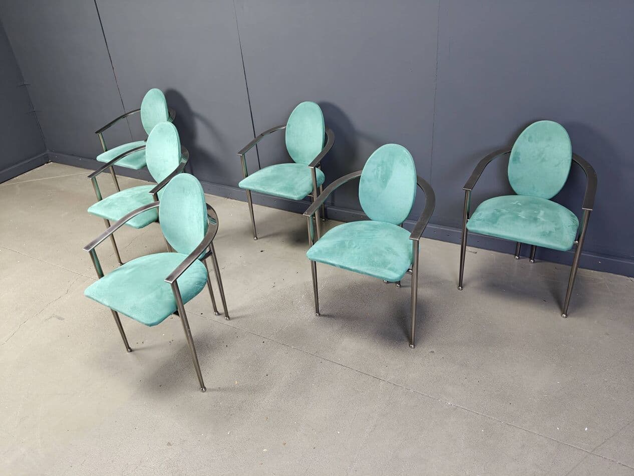 zestaw sześciu krzeseł jadalnianych, alcantara zielona, stal szczotkowana, Belgochrom, Belgia, lata 80. - 264920