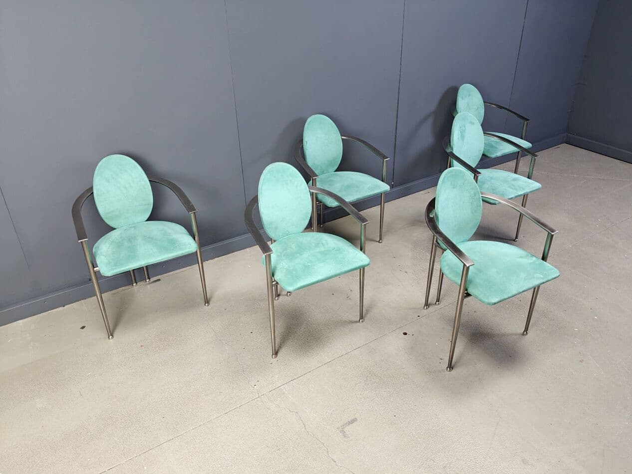 zestaw sześciu krzeseł jadalnianych, alcantara zielona, stal szczotkowana, Belgochrom, Belgia, lata 80. - 264919