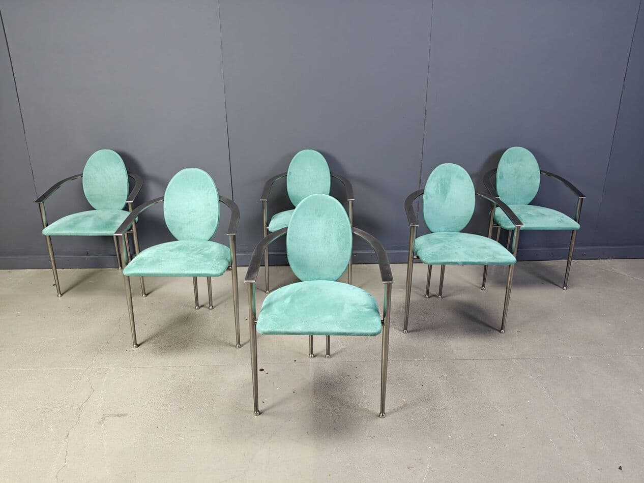 zestaw sześciu krzeseł jadalnianych, alcantara zielona, stal szczotkowana, Belgochrom, Belgia, lata 80. - 264923