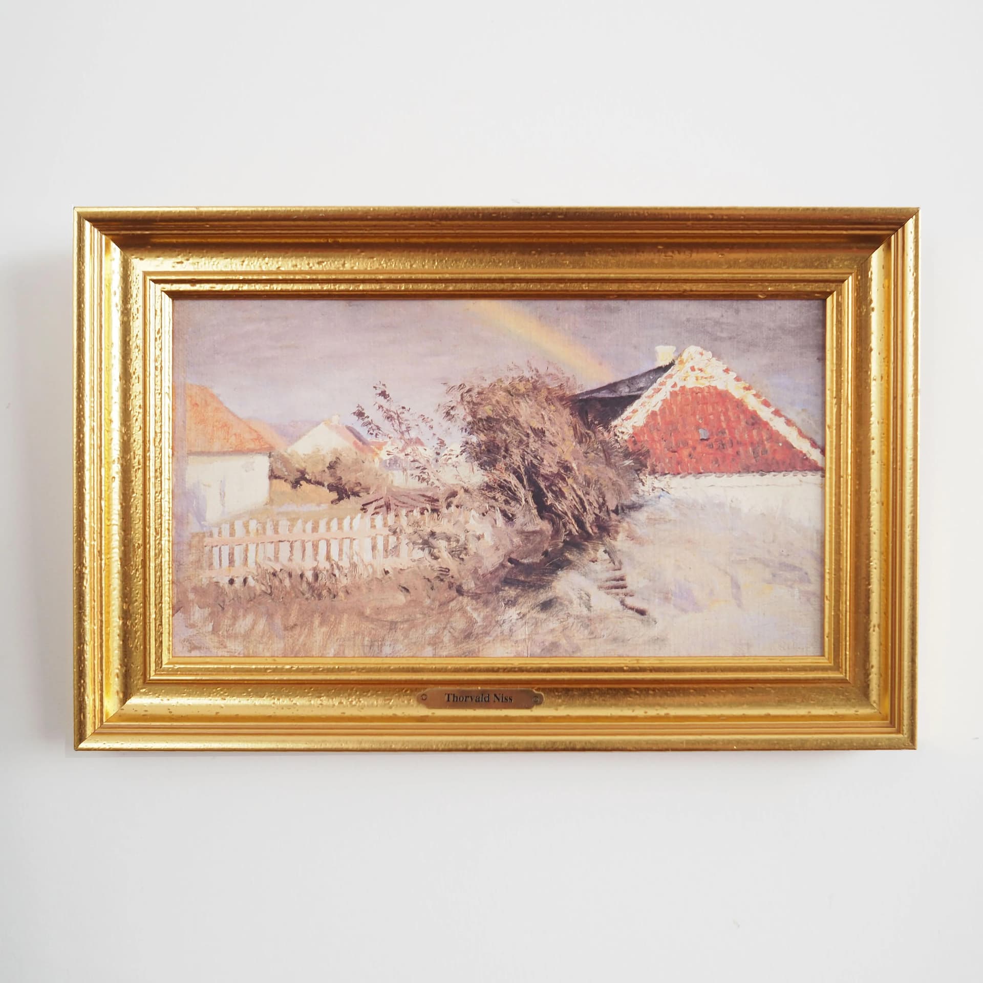 Painting Rainbow over the Village, grey oil on canvas, wooden frame, Scandinavian style, 1970s. - 19892