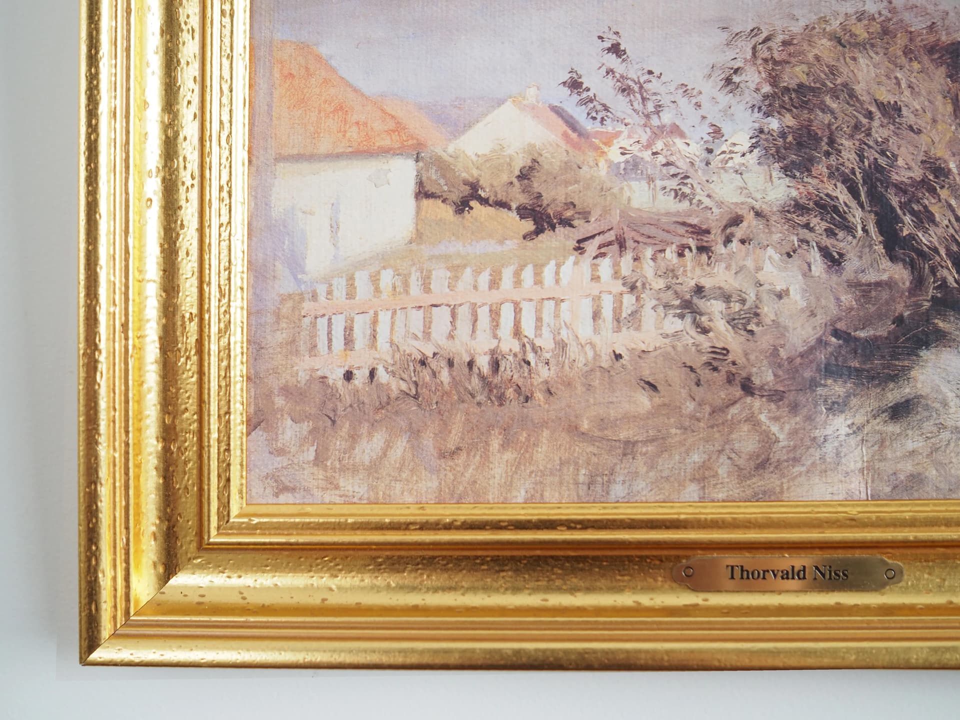 Painting Rainbow over the Village, grey oil on canvas, wooden frame, Scandinavian style, 1970s. - 19897