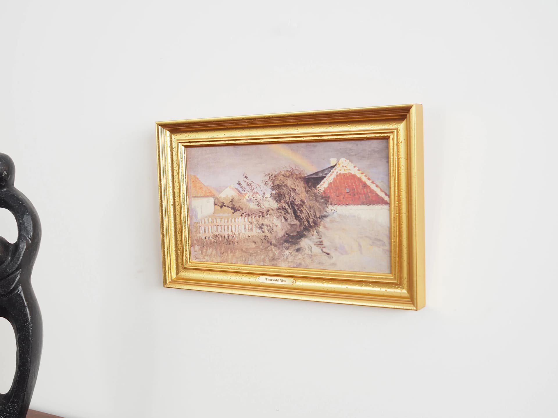 Painting Rainbow over the Village, grey oil on canvas, wooden frame, Scandinavian style, 1970s. - 19891