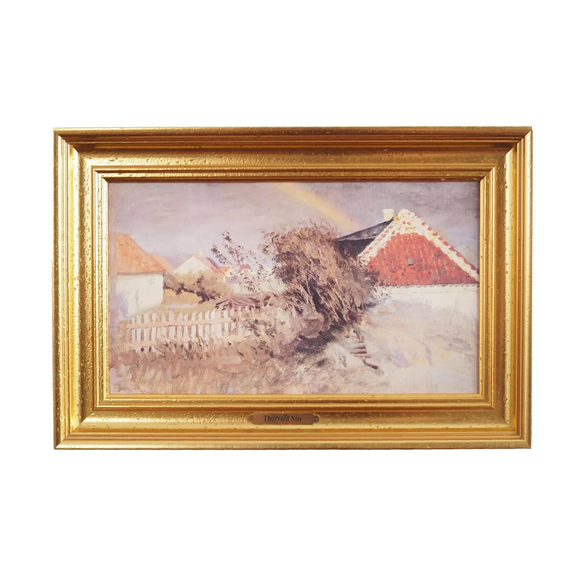 Painting Rainbow over the Village, grey oil on canvas, wooden frame, Scandinavian style, 1970s.