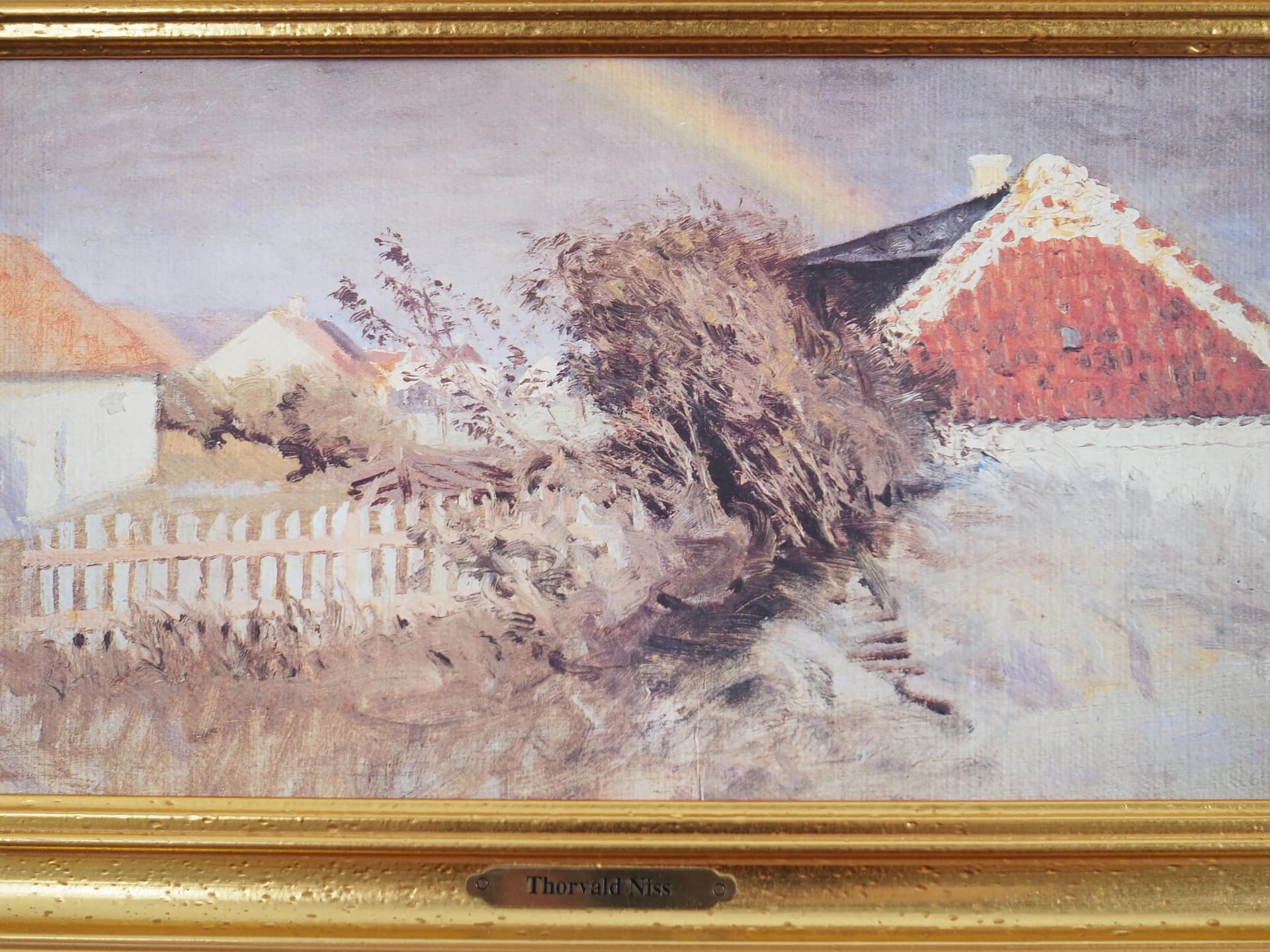 Painting Rainbow over the Village, grey oil on canvas, wooden frame, Scandinavian style, 1970s. - 19894