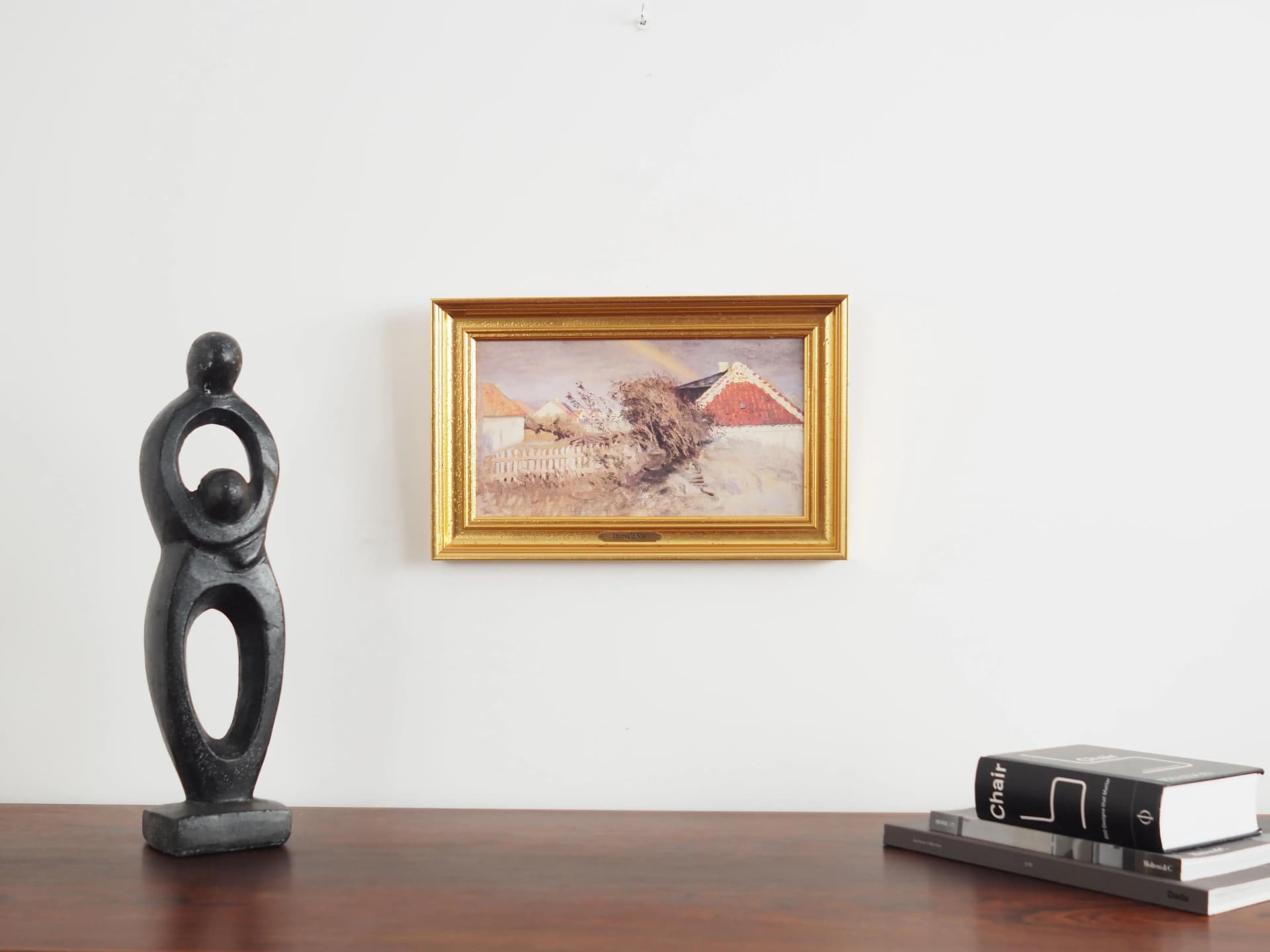 Painting Rainbow over the Village, grey oil on canvas, wooden frame, Scandinavian style, 1970s. - 19890