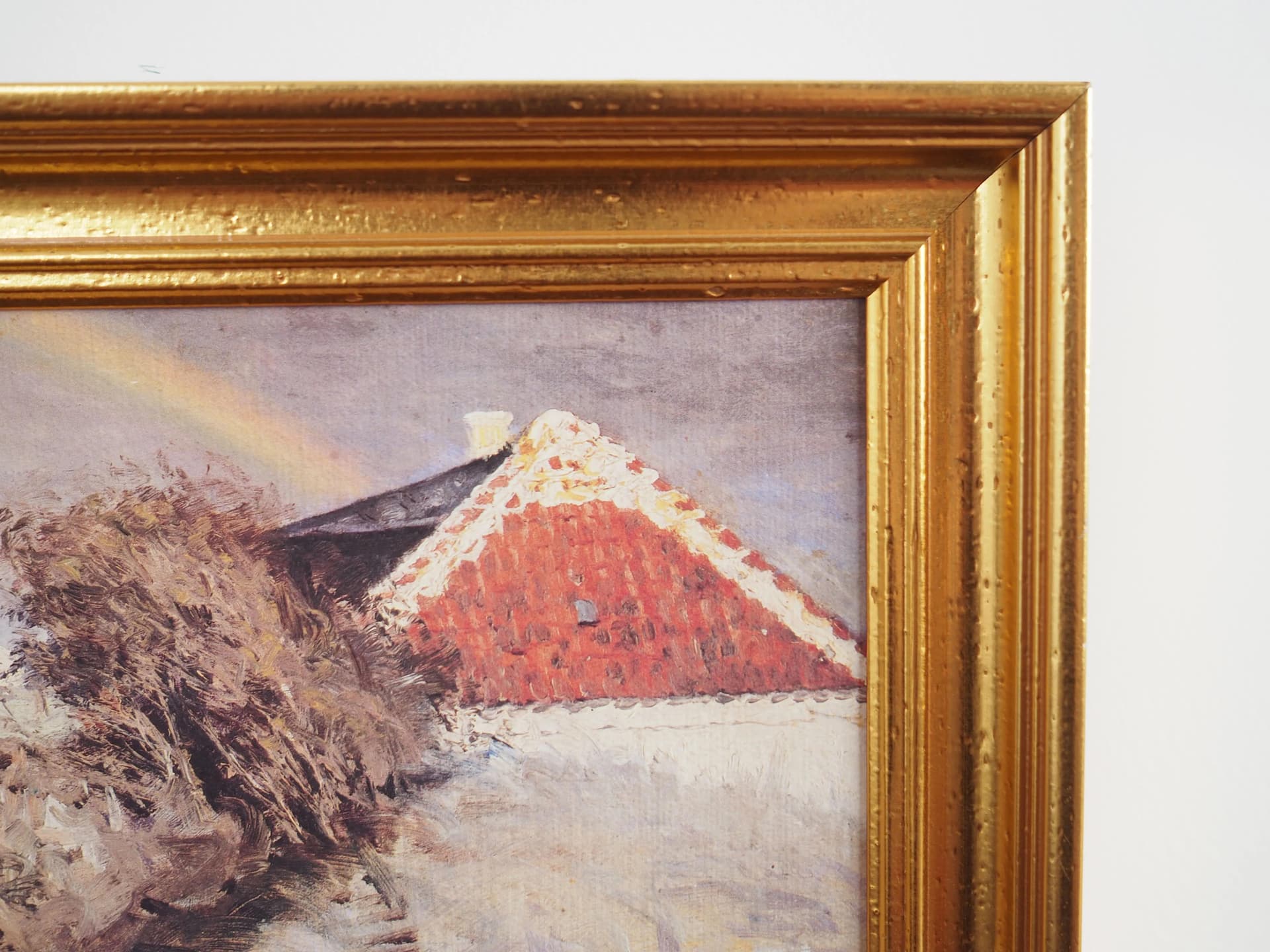 Painting Rainbow over the Village, grey oil on canvas, wooden frame, Scandinavian style, 1970s. - 19896