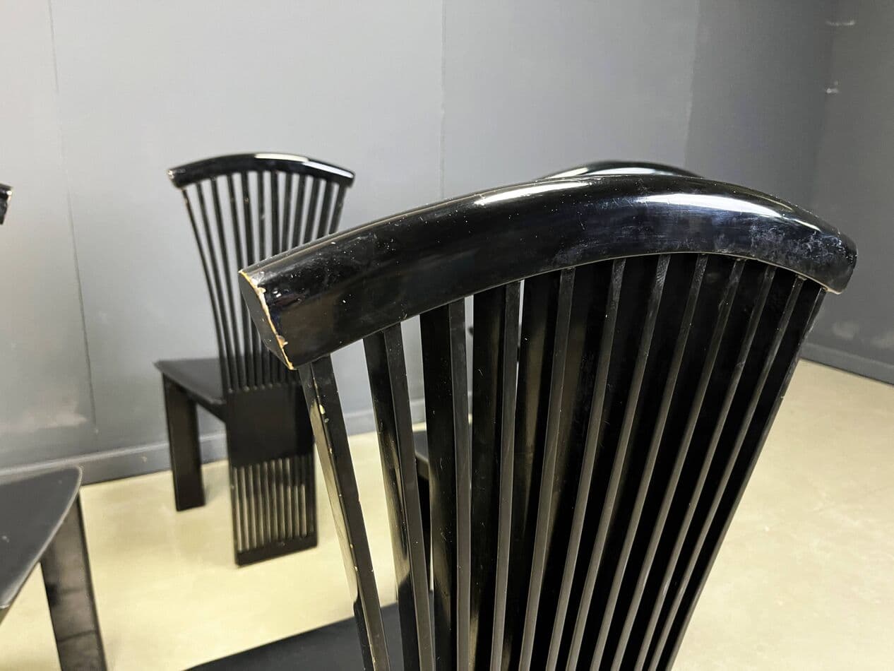 zestaw sześciu krzeseł Fan, drewno czarne, ekoskóra czarna, proj. P. Costantini, Włochy, lata 80. - 264475