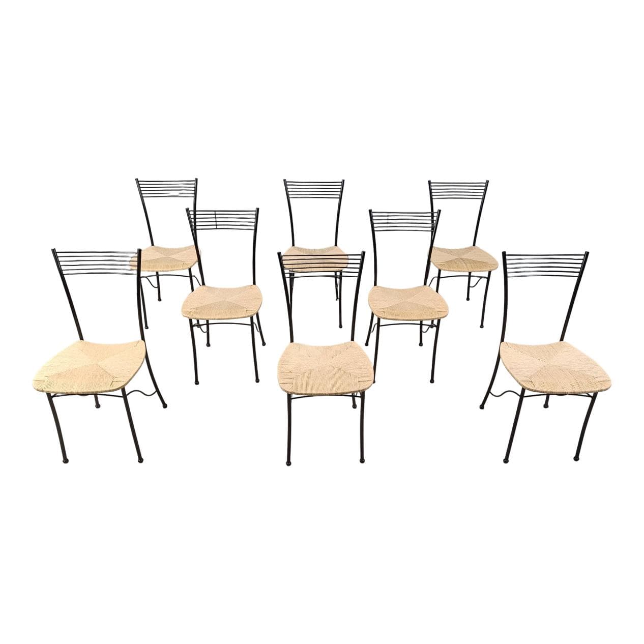 Zestaw krzeseł bistro, metal czarny, wiklina naturalna, Włochy, lata 80.