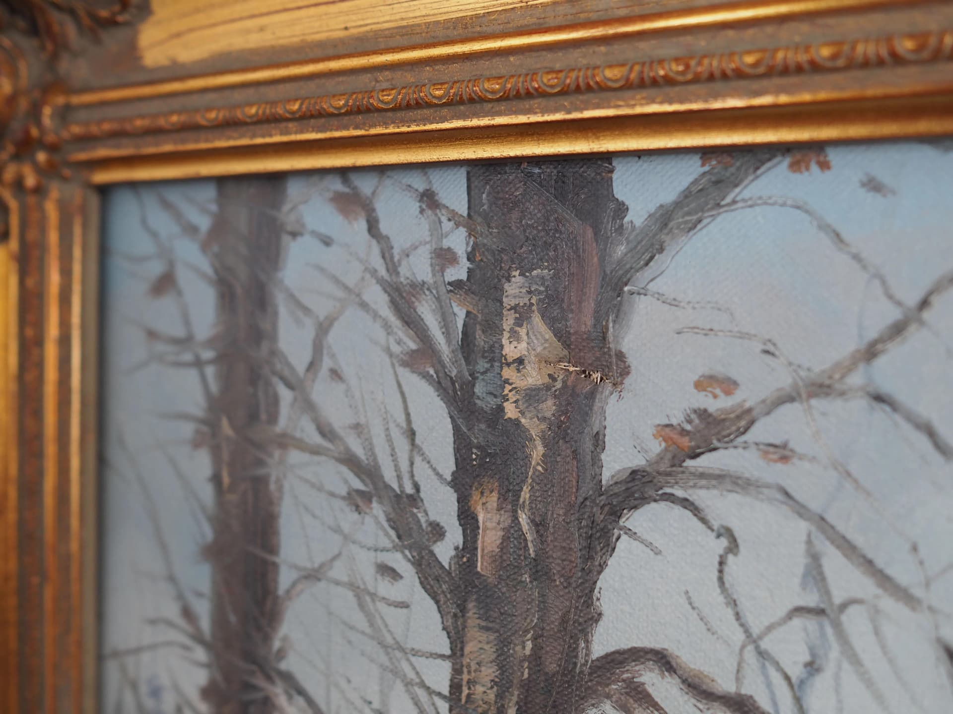 Painting Winter Stream, baroque-inspired frame, blue, oil on canvas, wood, Scandinavia, 1970s. - 19877