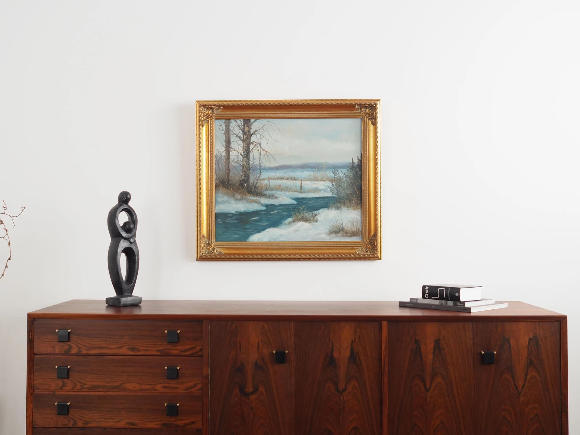 Painting Winter Stream, baroque-inspired frame, blue, oil on canvas, wood, Scandinavia, 1970s. - 19870