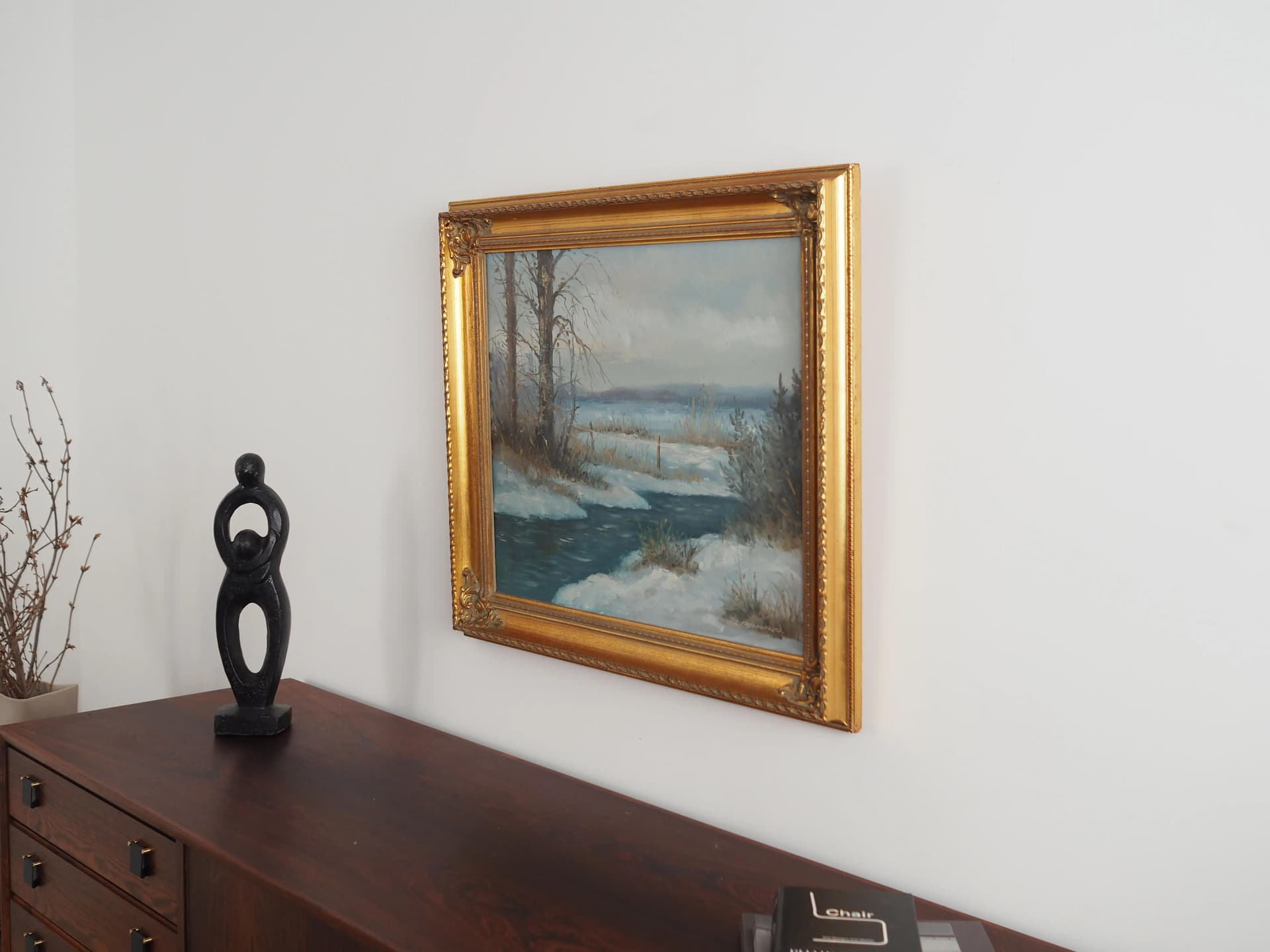 Painting Winter Stream, baroque-inspired frame, blue, oil on canvas, wood, Scandinavia, 1970s. - 19871