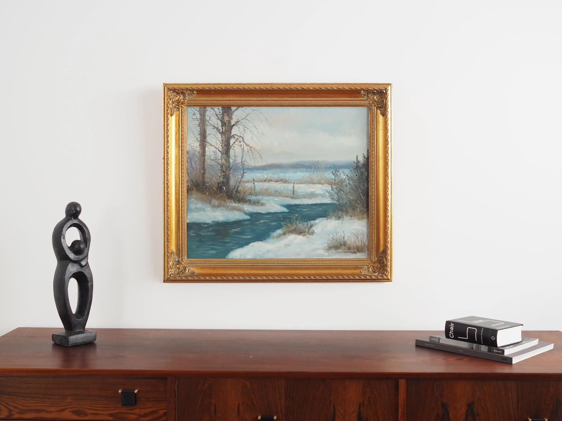 Painting Winter Stream, baroque-inspired frame, blue, oil on canvas, wood, Scandinavia, 1970s. - 19872
