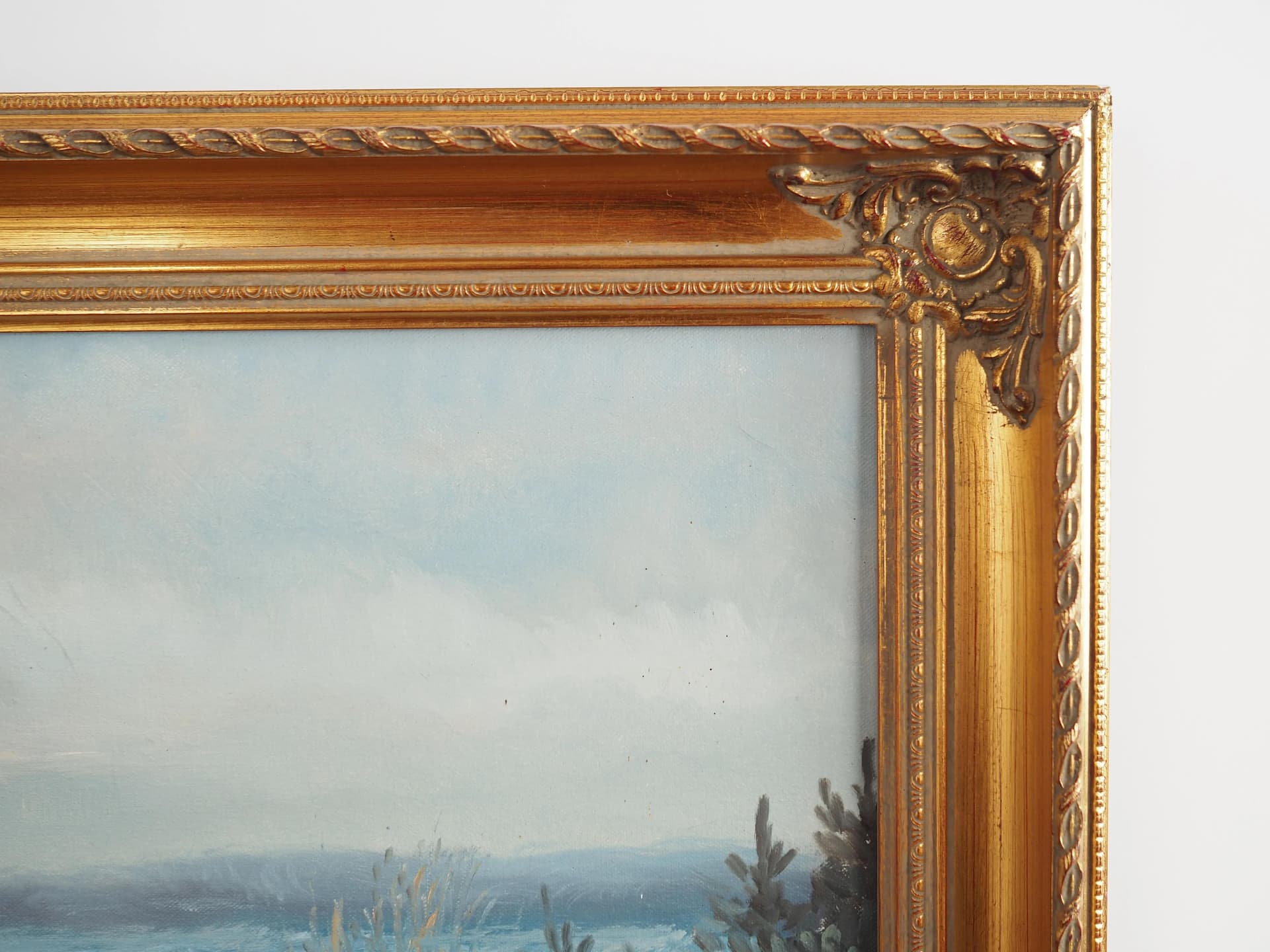 Painting Winter Stream, baroque-inspired frame, blue, oil on canvas, wood, Scandinavia, 1970s. - 19878