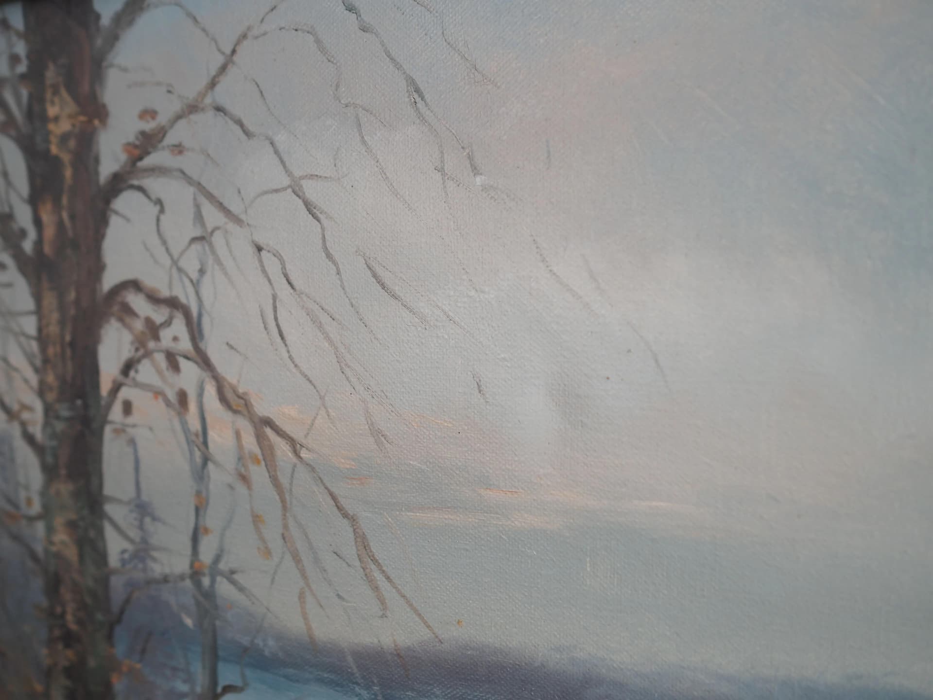 Painting Winter Stream, baroque-inspired frame, blue, oil on canvas, wood, Scandinavia, 1970s. - 19875