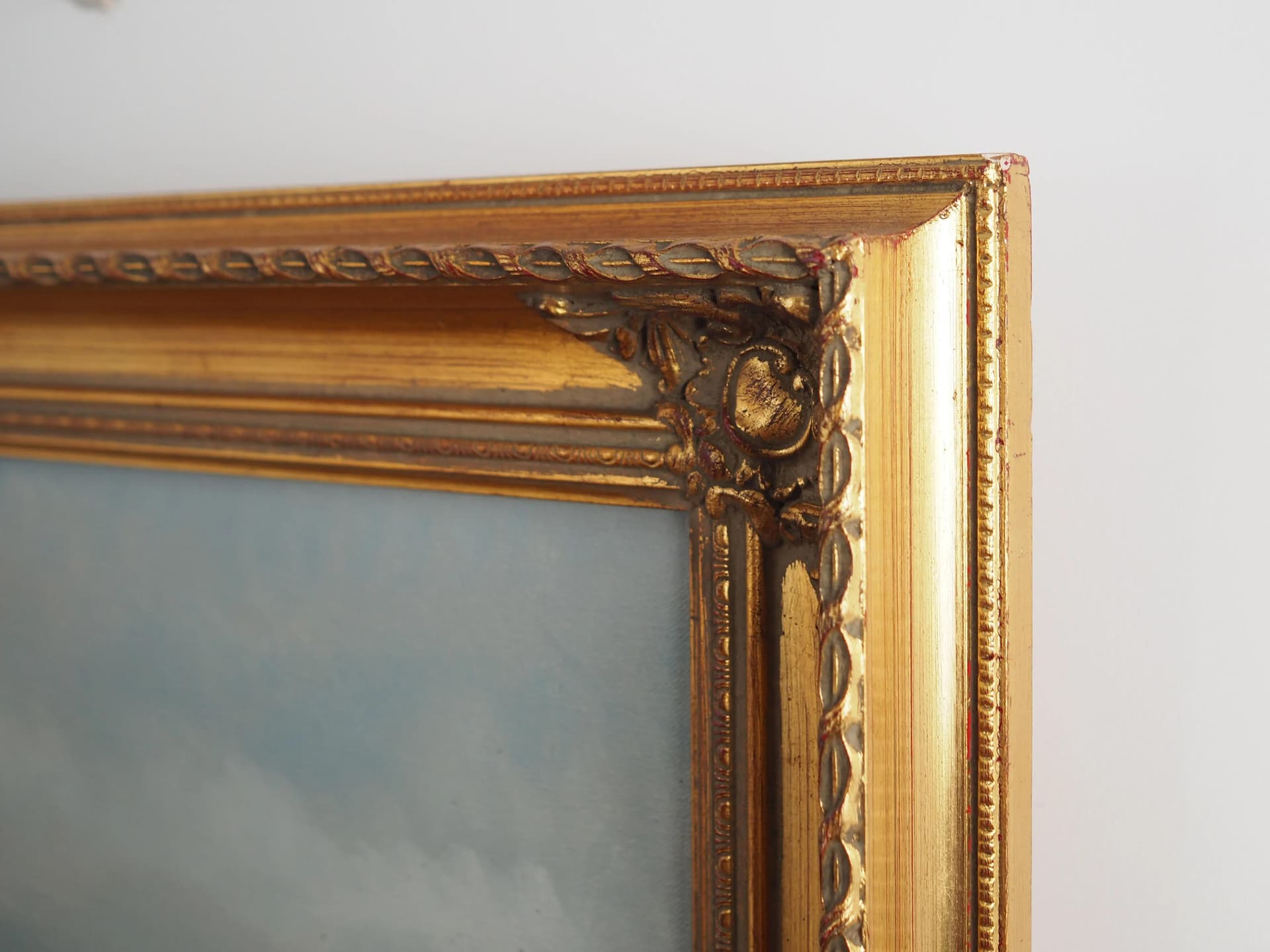 Painting Winter Stream, baroque-inspired frame, blue, oil on canvas, wood, Scandinavia, 1970s. - 19874