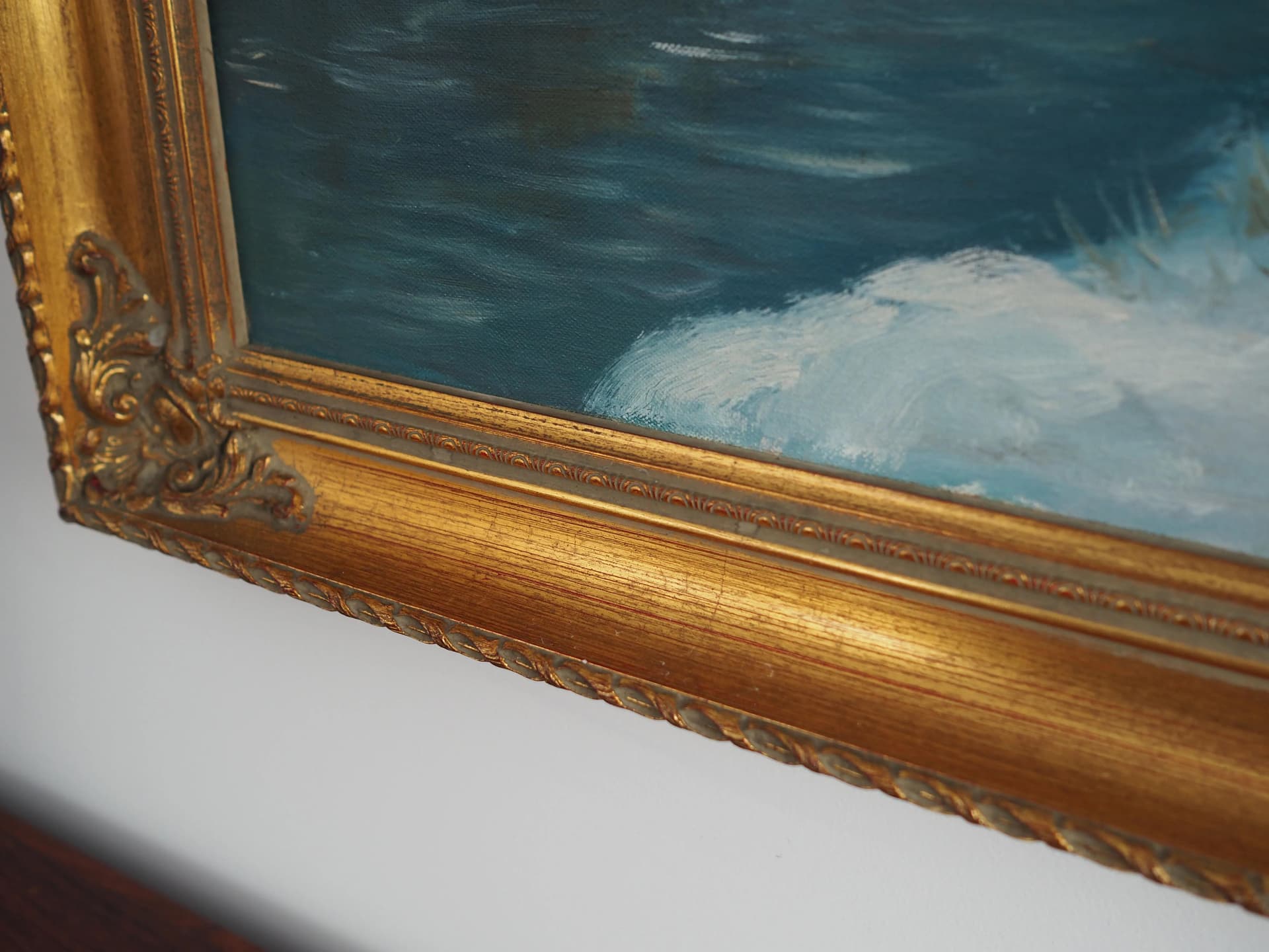 Painting Winter Stream, baroque-inspired frame, blue, oil on canvas, wood, Scandinavia, 1970s. - 19876