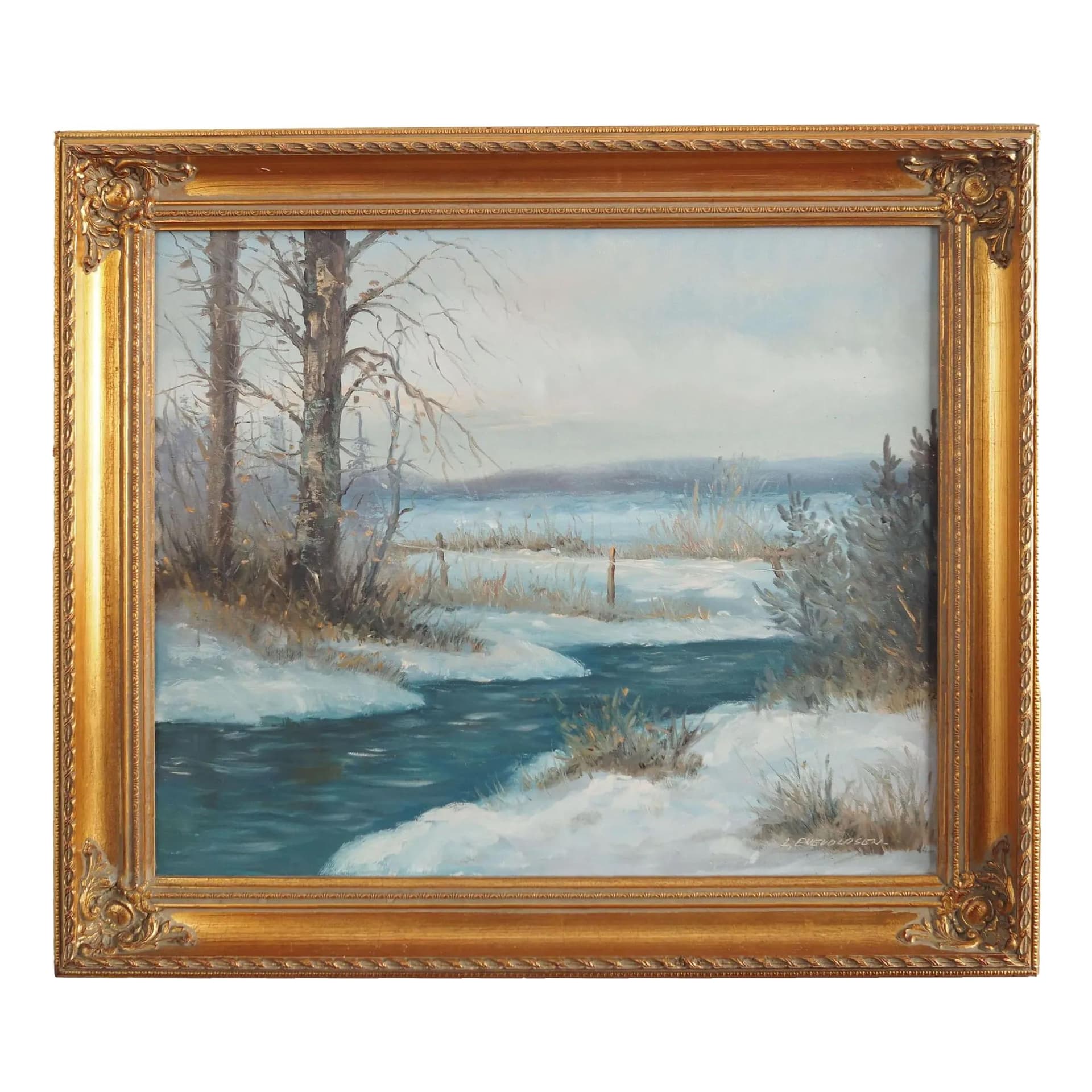 Painting Winter Stream, baroque-inspired frame, blue, oil on canvas, wood, Scandinavia, 1970s.