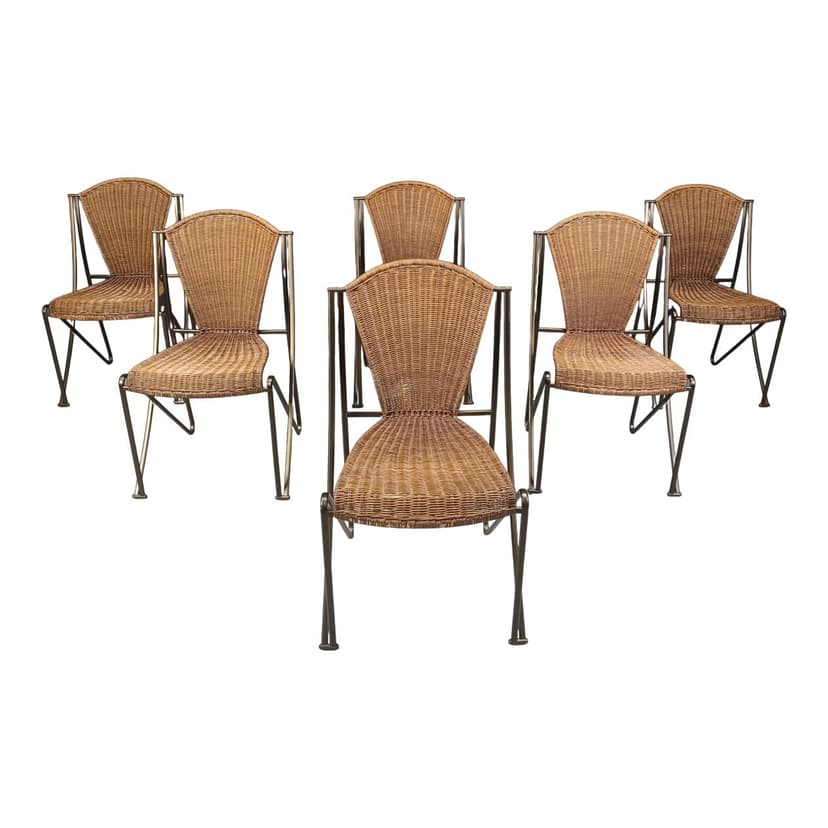 zestaw sześciu krzeseł Abanica, rattan brązowy, metal brązowy, proj. O. Tusquets, lata 80.