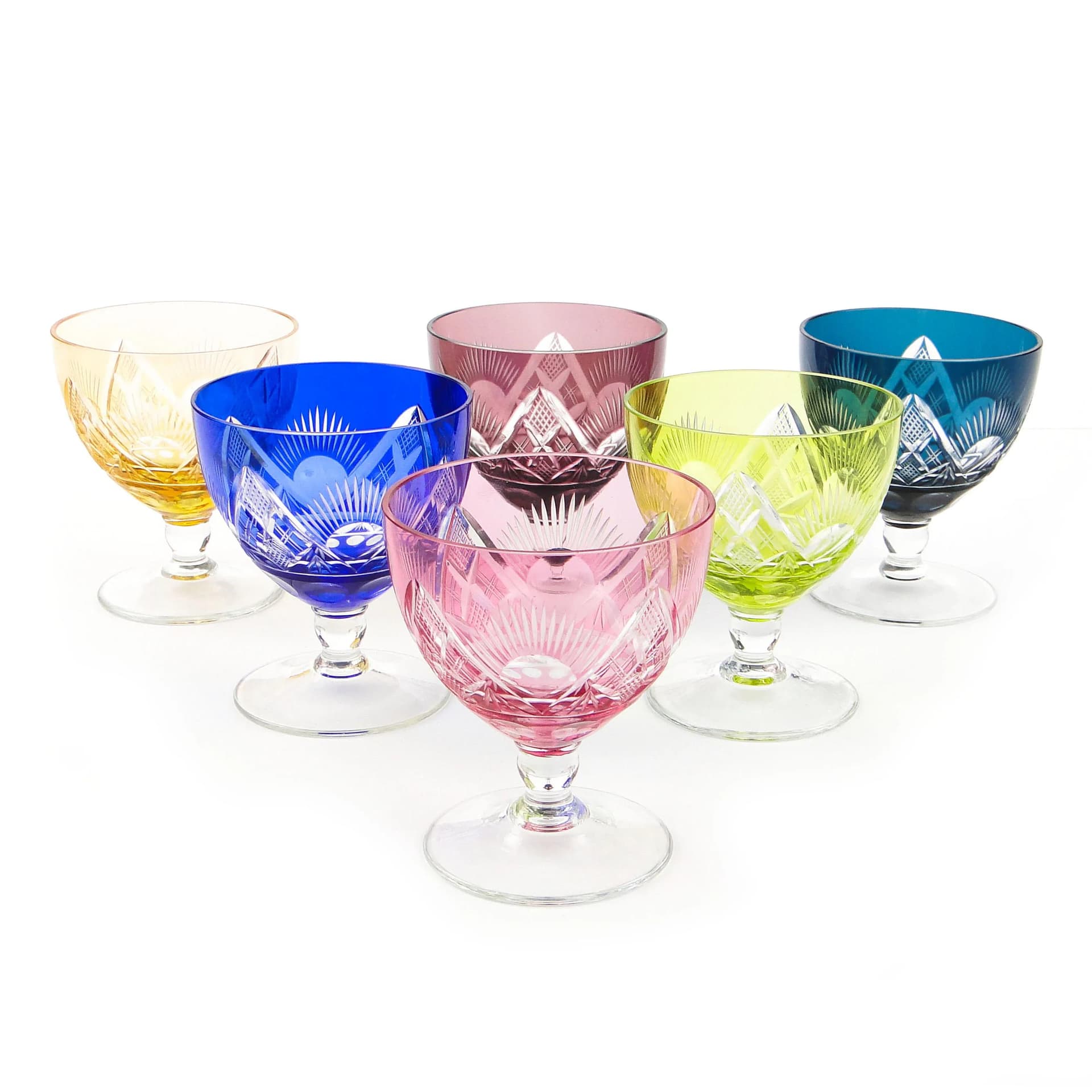 Wielokolorowe kieliszki kryształowe do czerwonego wina, Val Saint Lambert, Belgia, lata 30. - 19944