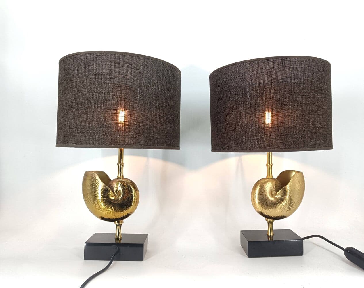 pair of table lamps Nautilus, gold brass, France, 1970s - 263984