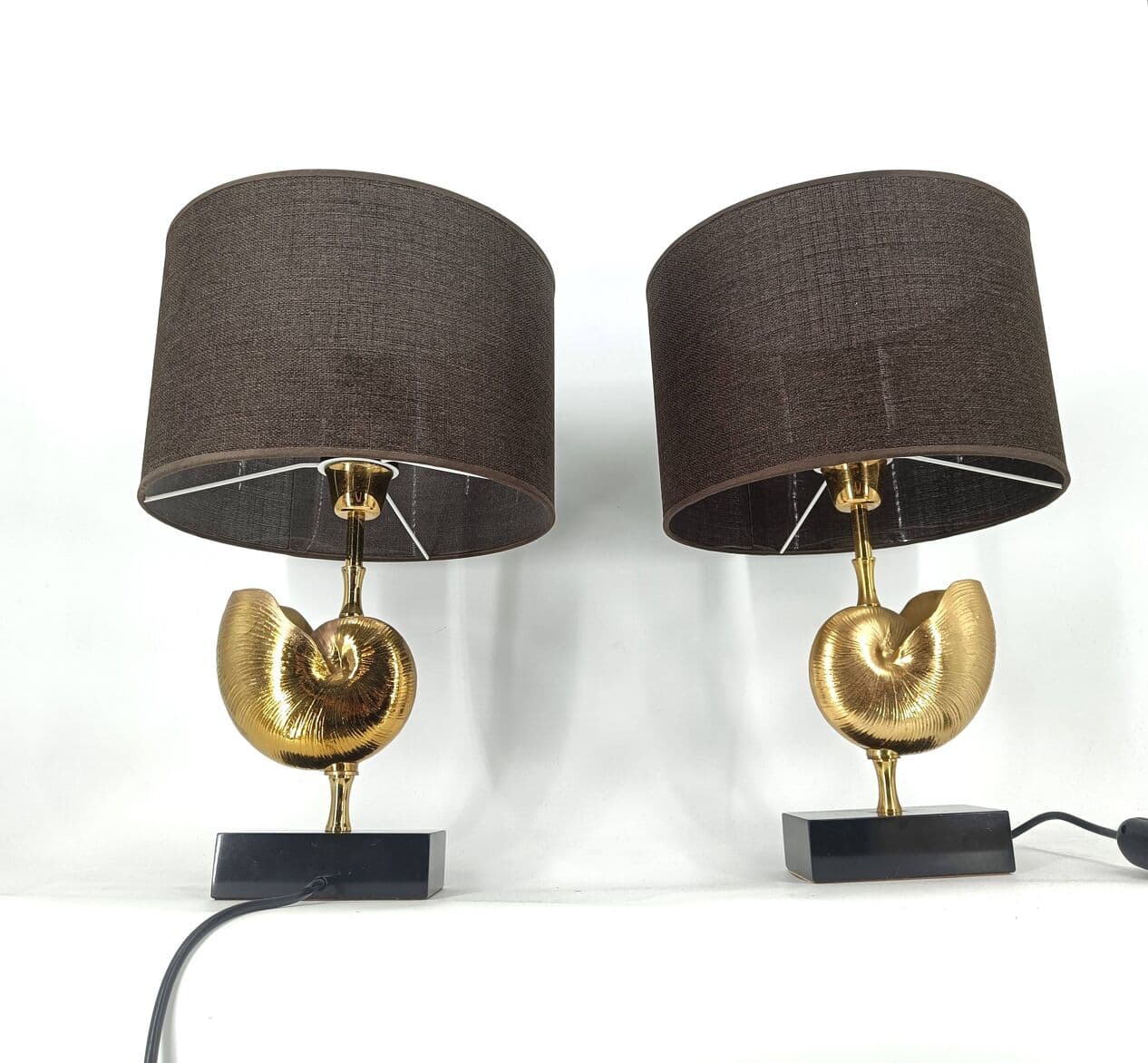 pair of table lamps Nautilus, gold brass, France, 1970s - 263980