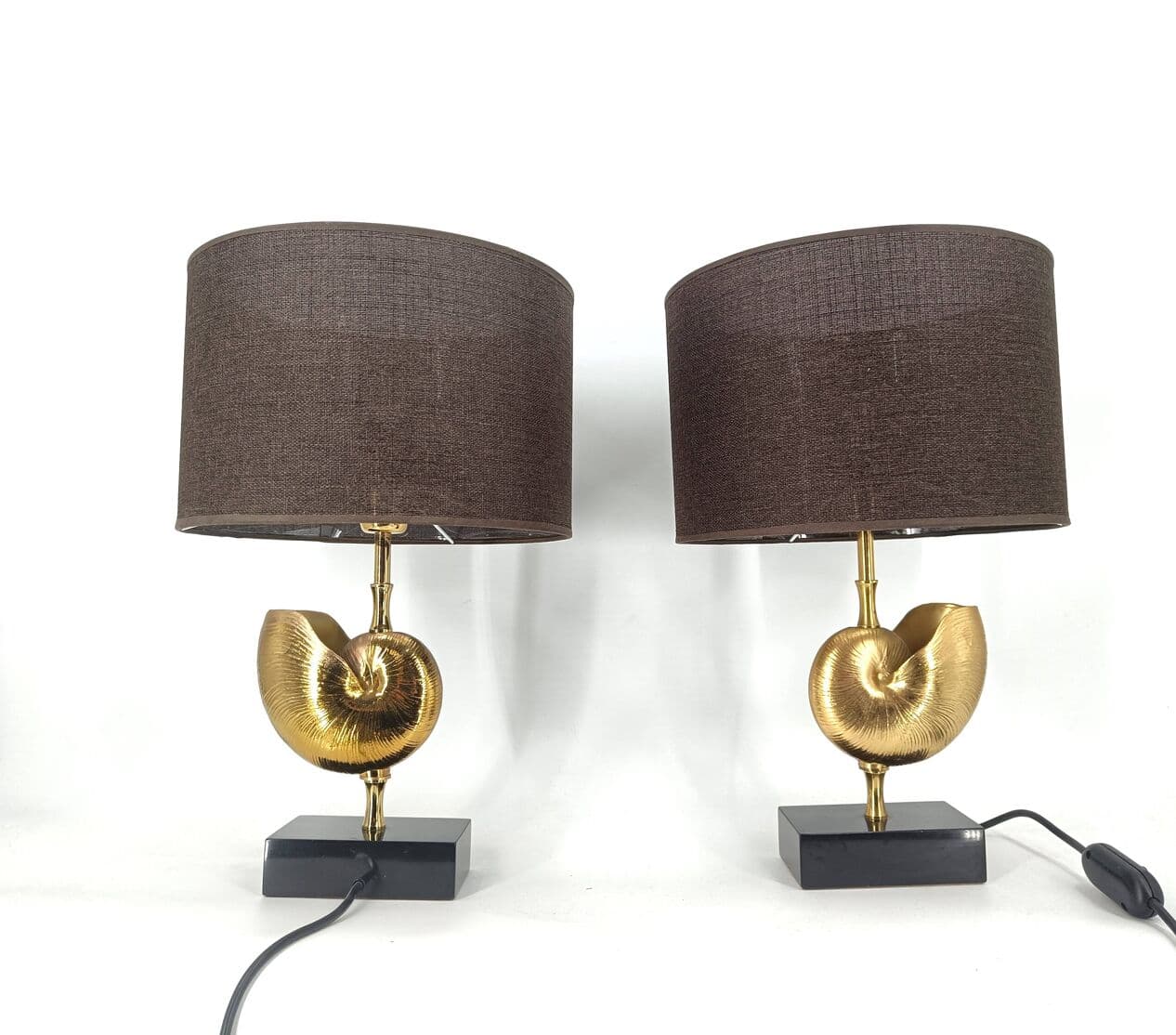 pair of table lamps Nautilus, gold brass, France, 1970s - 263979