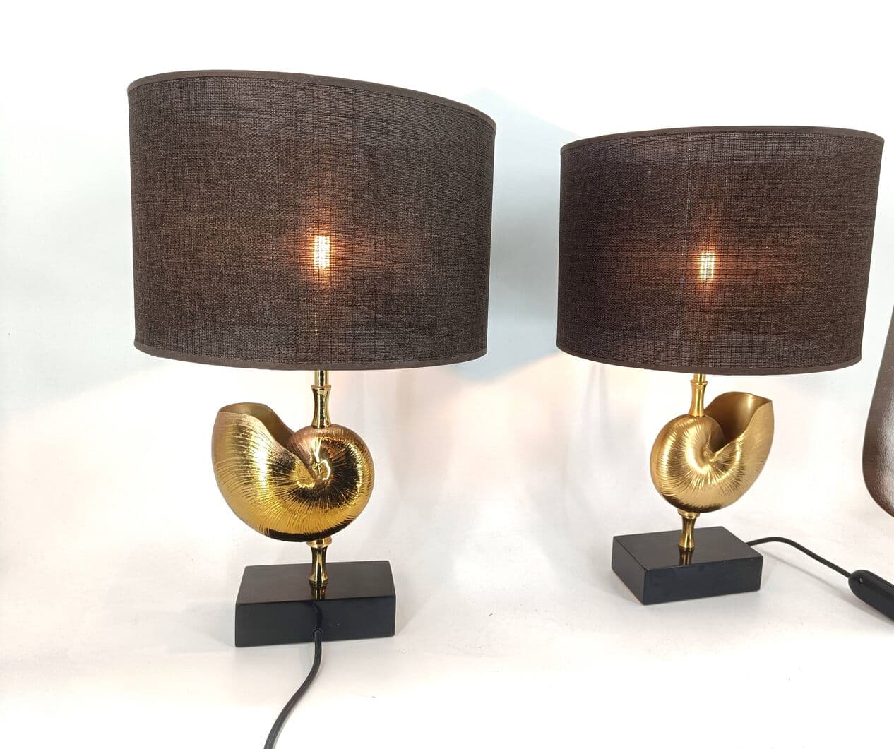pair of table lamps Nautilus, gold brass, France, 1970s - 263976
