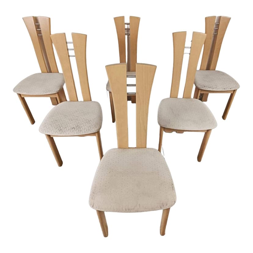 komplet 6 krzeseł do jadalni, dąb naturalny, metal, tkanina beżowa, Belgia, lata 80.