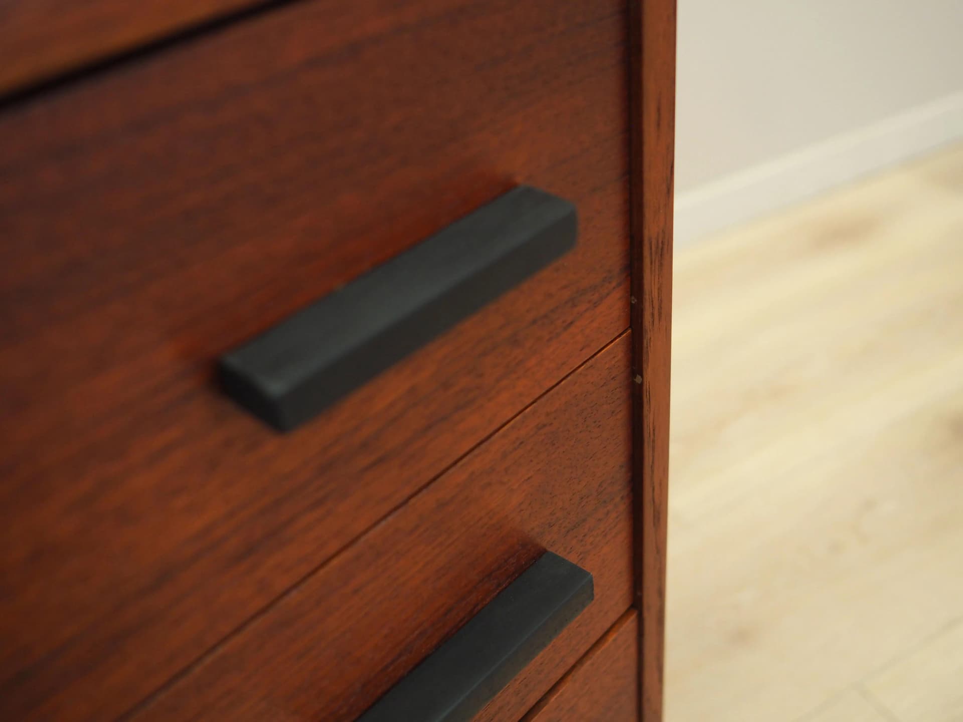 Chest of drawers, orange teak, black wooden legs, Denmark, 1980s. - 20011