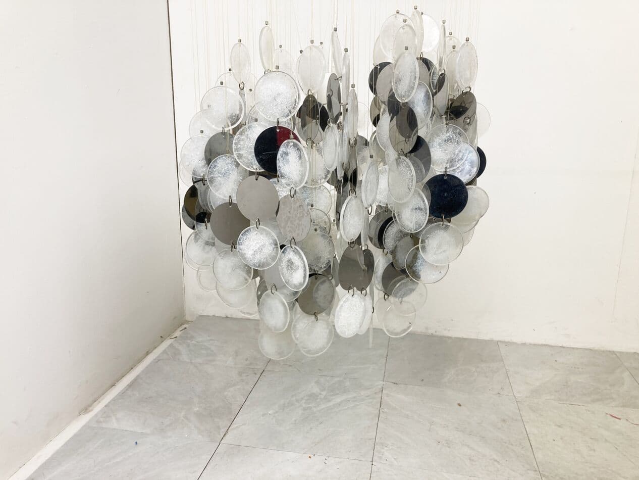 Żyrandol mid-century, biały, szary, szkło, Włochy, lata 70. - 263114