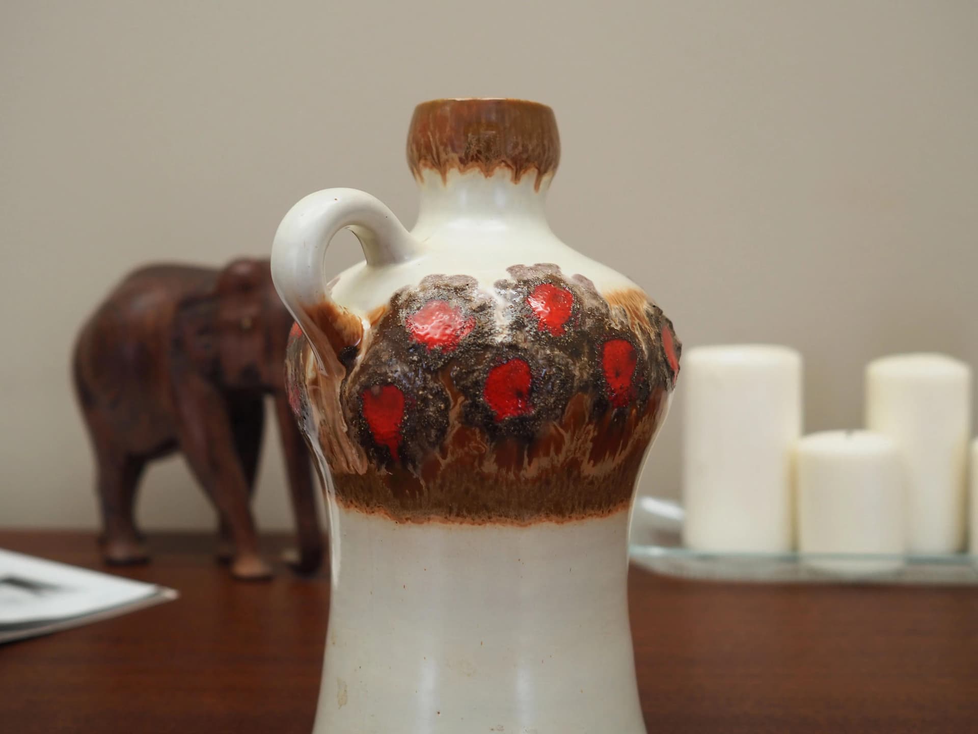 Ceramic jug, white brown red, Strehla, Germany, 1970s. - 19996