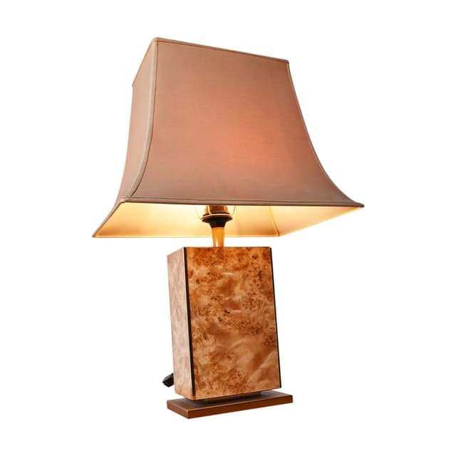 Lampa stołowa, drewno czeczotowe brązowe, mosiądz, Francja, lata 70. - WYMIARY