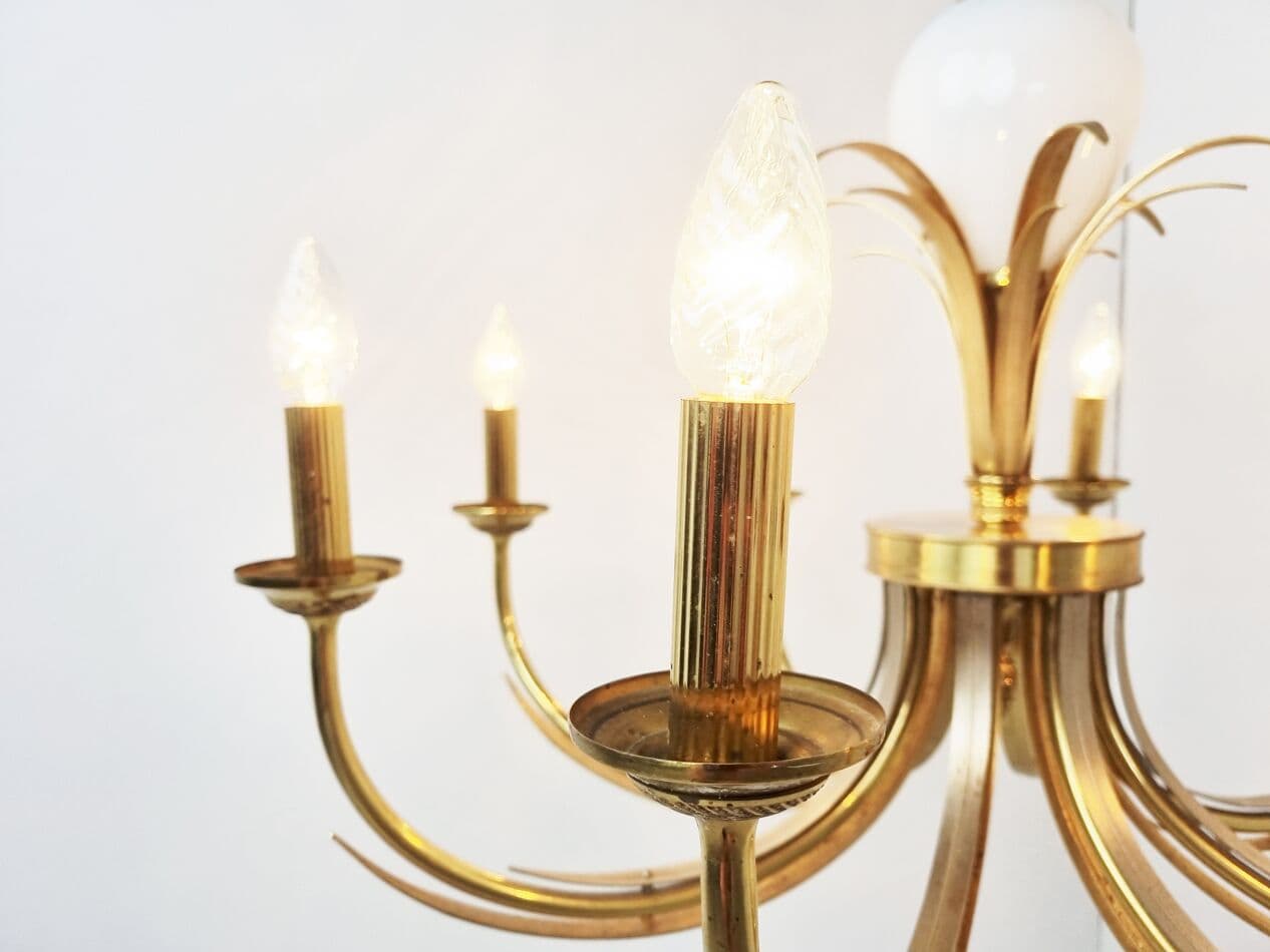 Żyrandol Pineapple, mosiądz złoty, chrom, szkło opalowe, Belgia, lata 70. - 262929