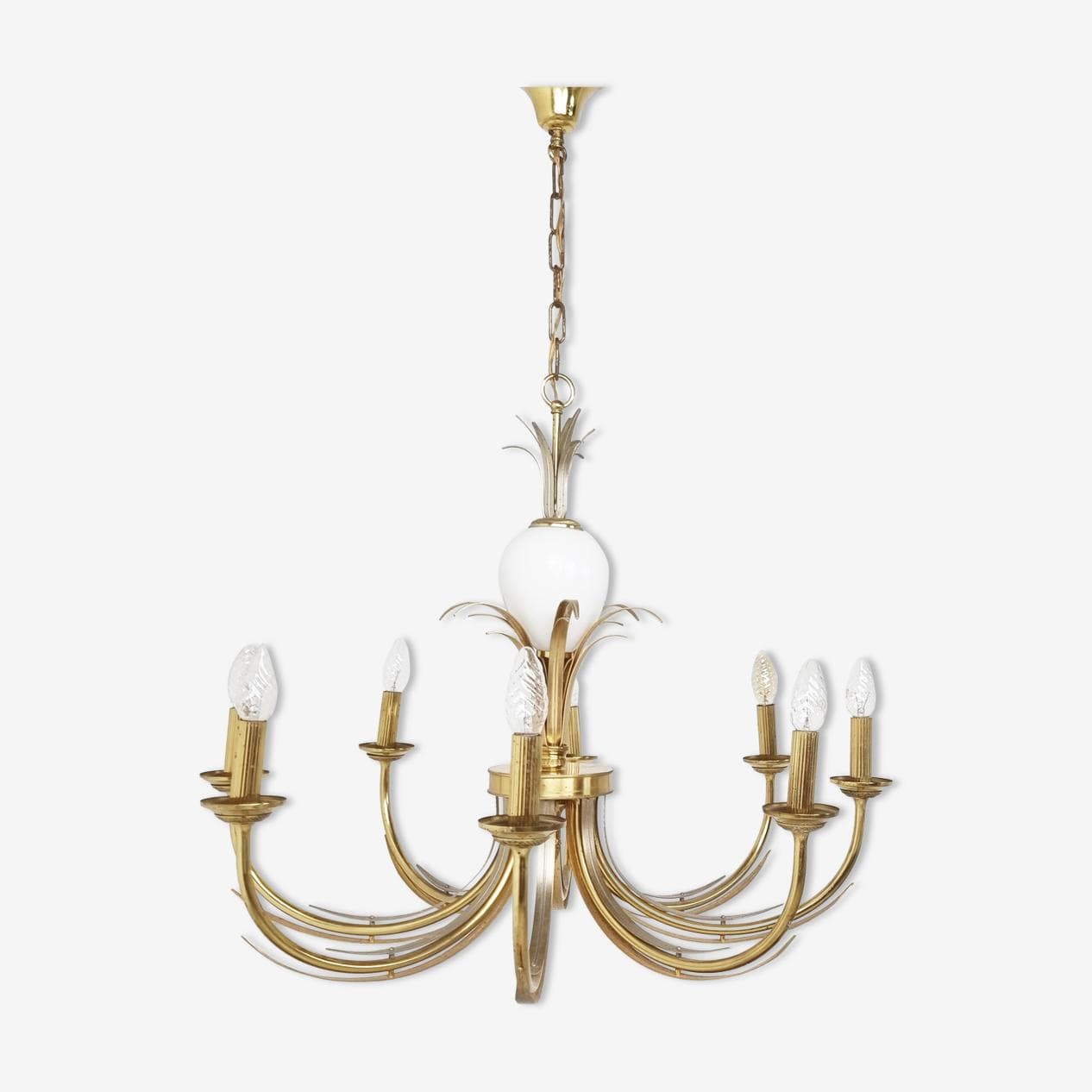 Żyrandol Pineapple, mosiądz złoty, chrom, szkło opalowe, Belgia, lata 70. - 262927