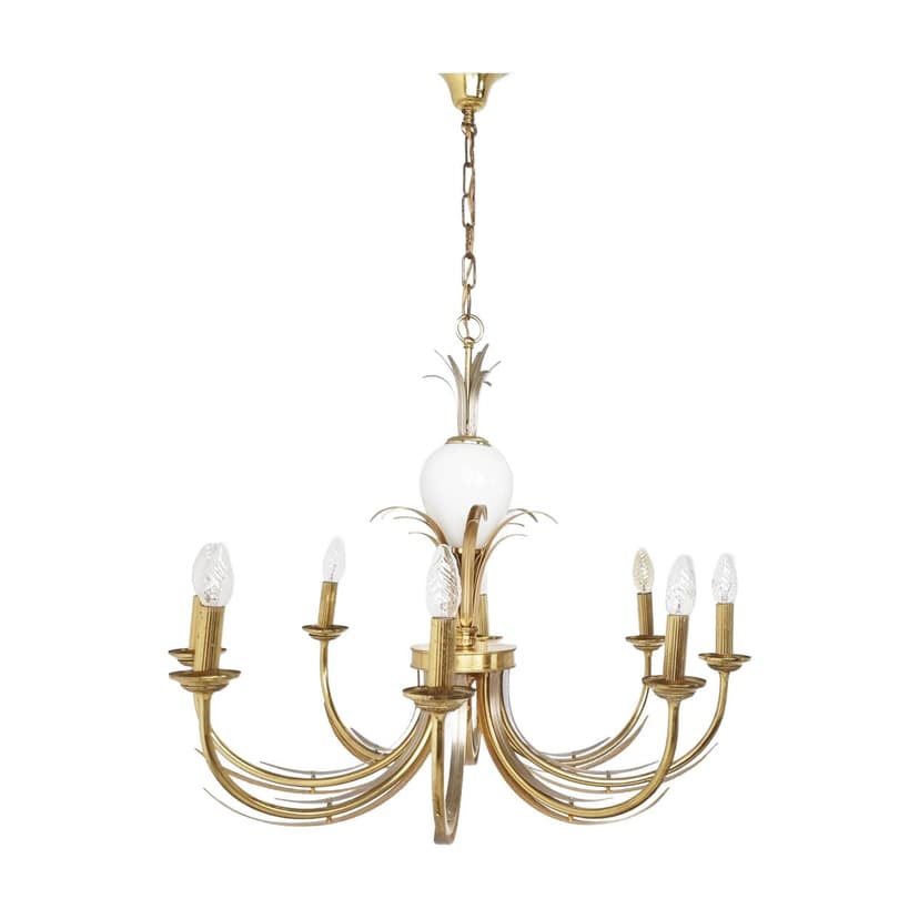 Żyrandol Pineapple, mosiądz złoty, chrom, szkło opalowe, Belgia, lata 70.