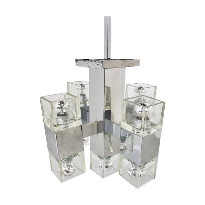 Żyrandol, chrom srebrny, szkło, Włochy, lata 70.