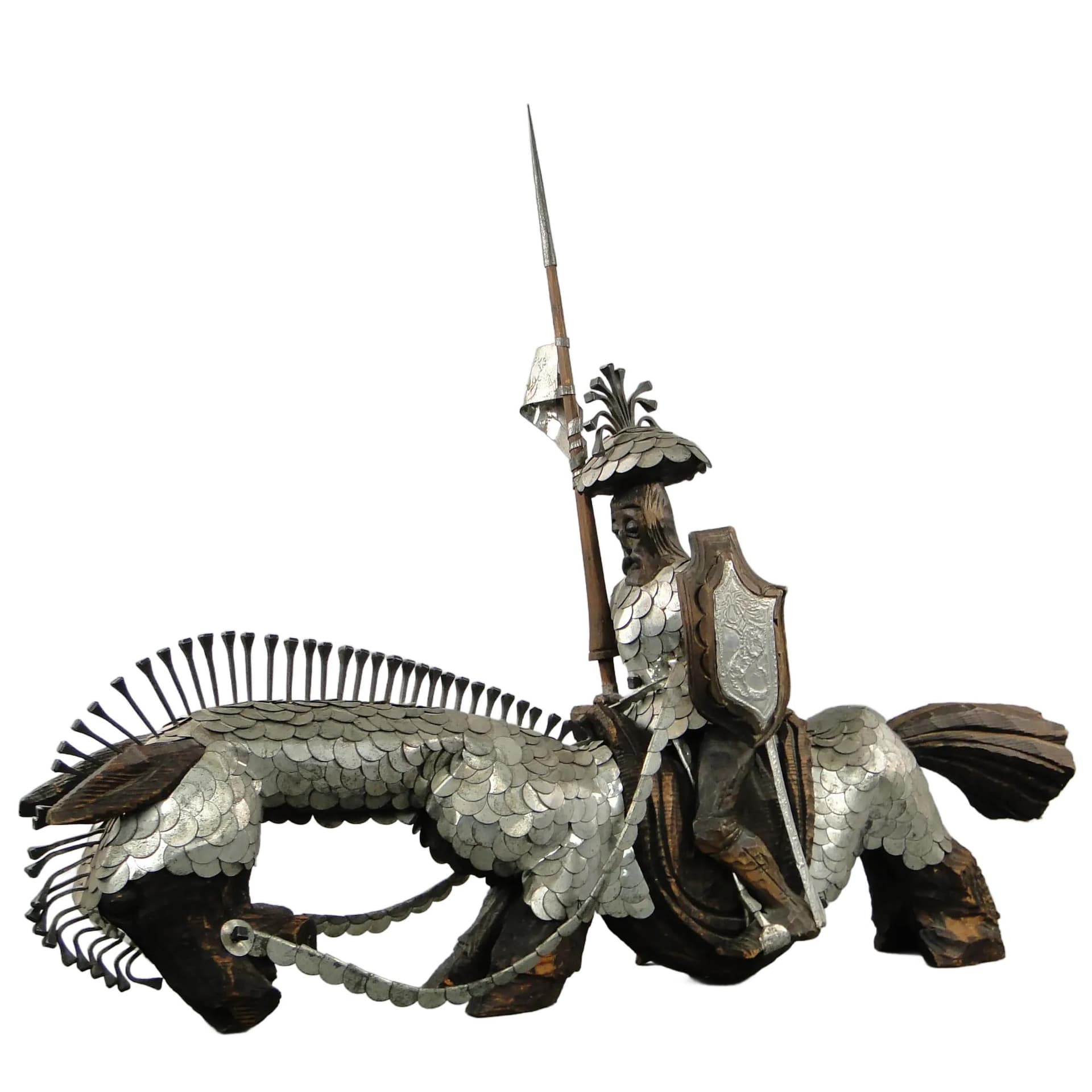 Sculpture Don Quixote, brown wood, silver metal, by M. Markowski, Poland, 1980s.