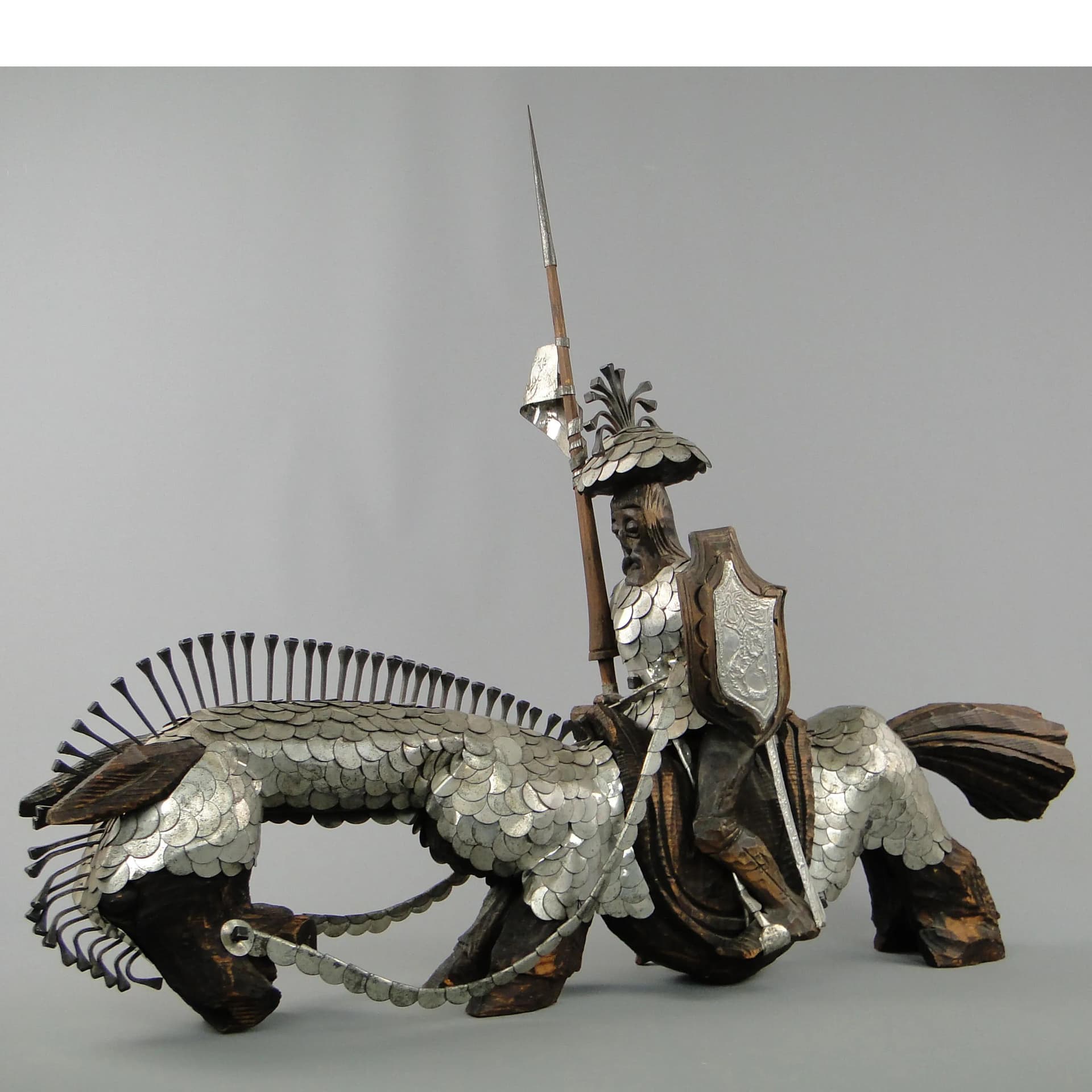 Sculpture Don Quixote, brown wood, silver metal, by M. Markowski, Poland, 1980s. - 20150