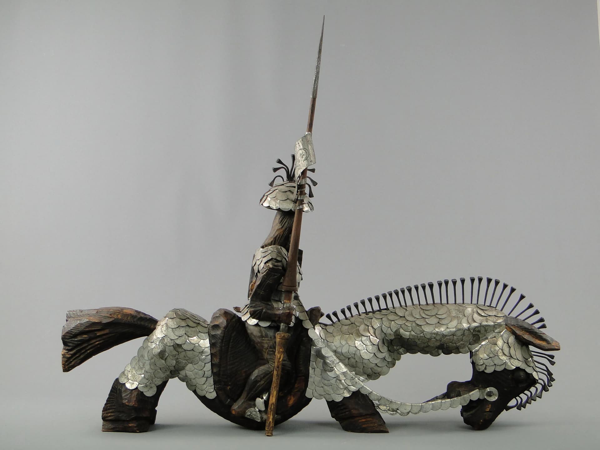 Sculpture Don Quixote, brown wood, silver metal, by M. Markowski, Poland, 1980s. - 20156