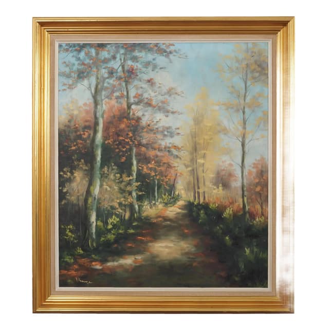 Obraz Leśna droga, multikolor, olej na płótnie, rama drewno, Polska, lata 70. - WYMIARY