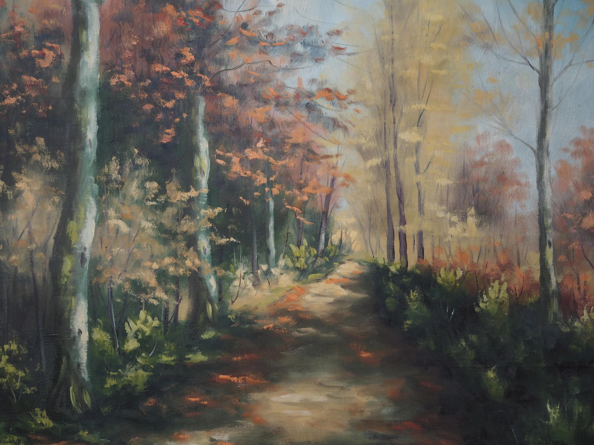 Obraz Leśna droga, multikolor, olej na płótnie, rama drewno, Polska, lata 70. - 20349