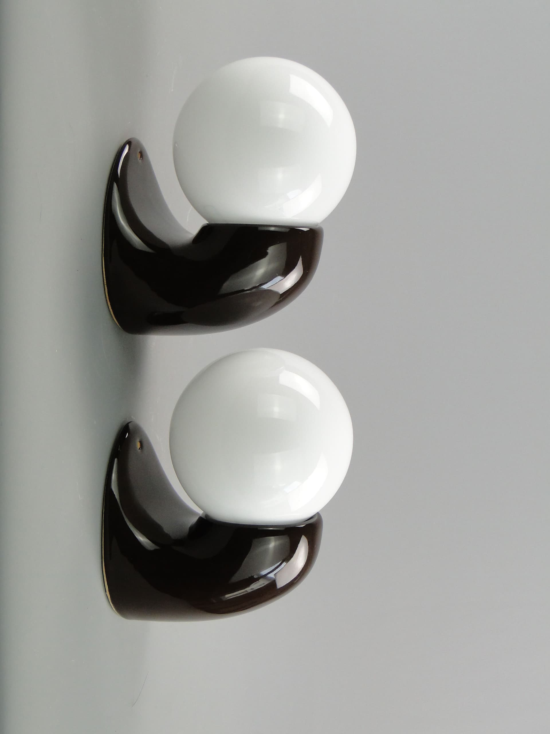 Pair of modernist wall sconces, brown ceramic white glass, Poland, 1970s. - 2129