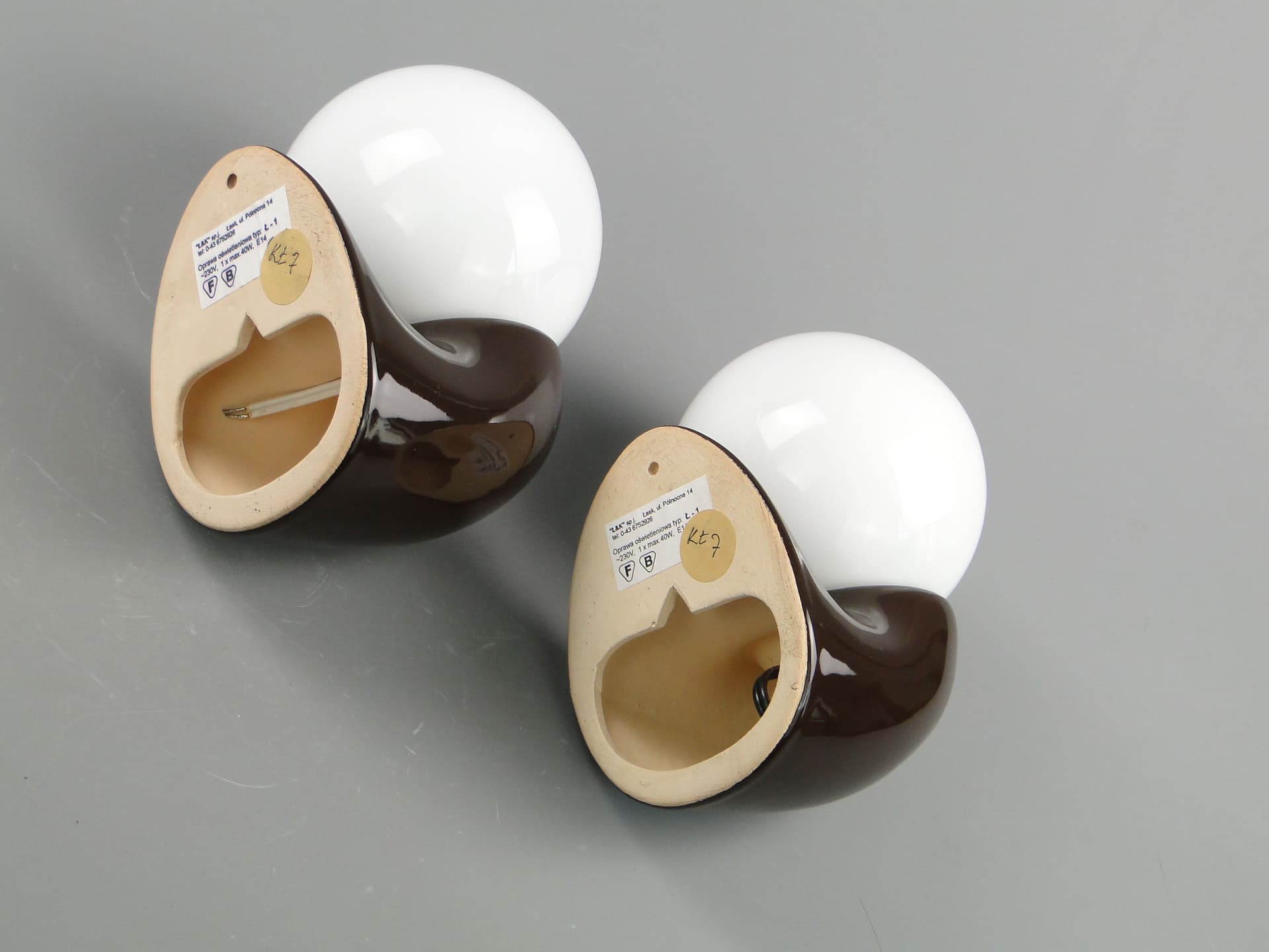 Pair of modernist wall sconces, brown ceramic white glass, Poland, 1970s. - 2122
