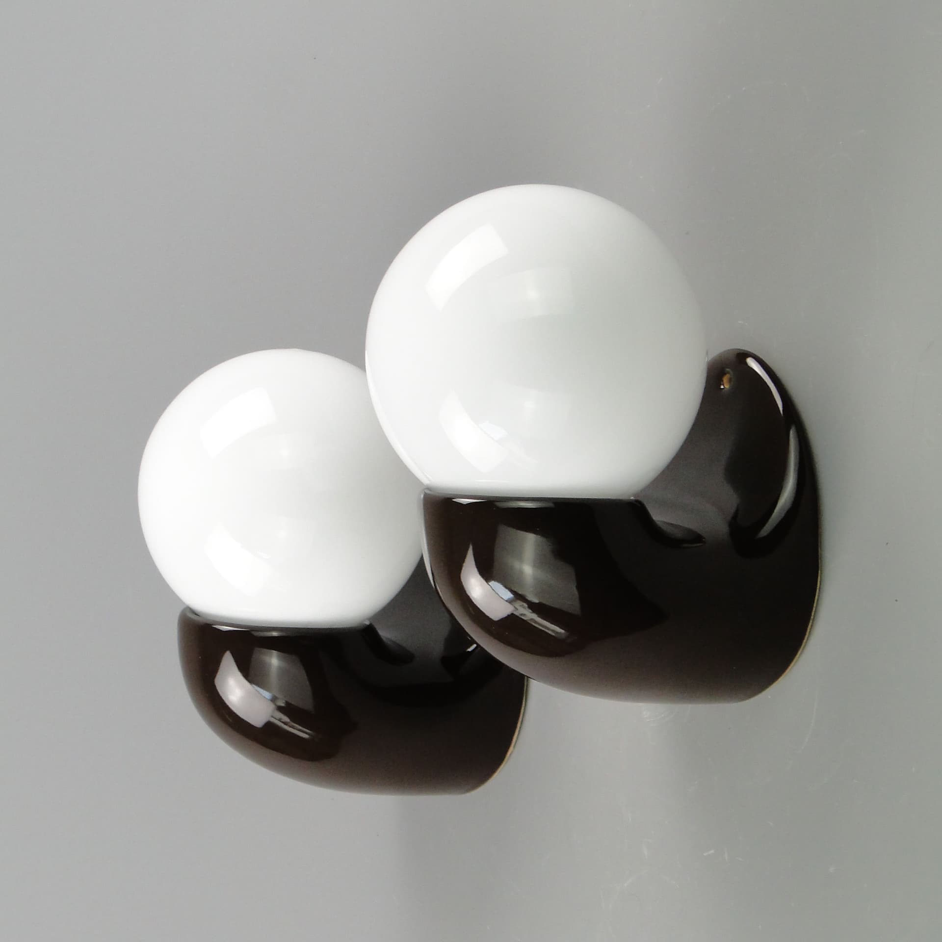 Pair of modernist wall sconces, brown ceramic white glass, Poland, 1970s. - 2127
